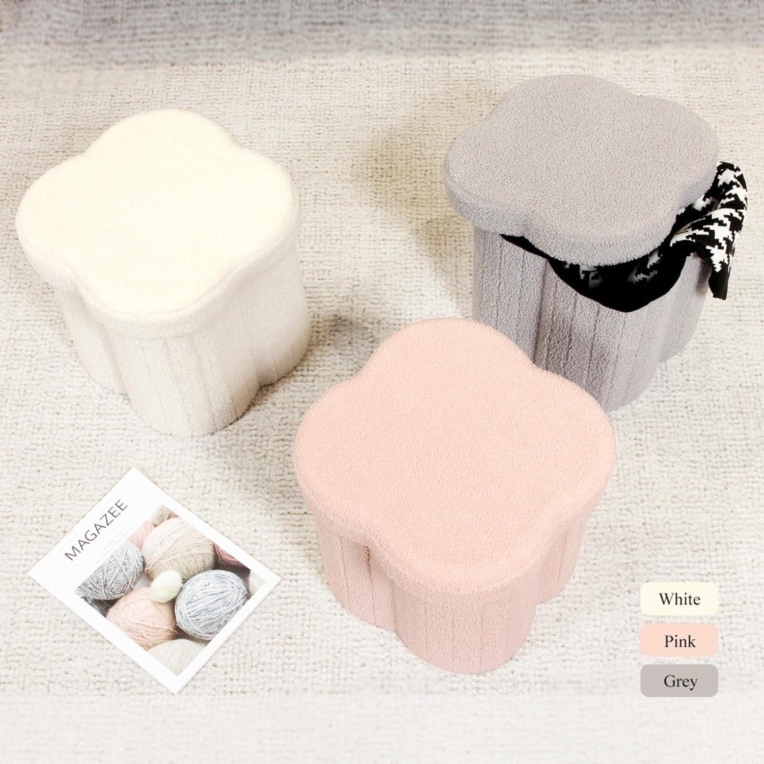 PINPLUS 12.6" Storage Ottoman,Toy Chest Box，Folding Footrest Stool Seat,Flower Shape,Sherpa Fabric,Pink