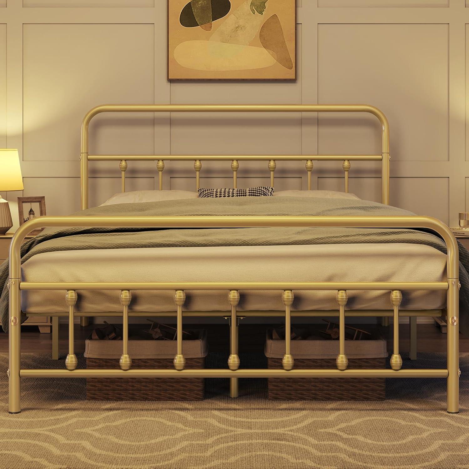 Antique Gold Full Metal Platform Bed with Headboard and Footboard