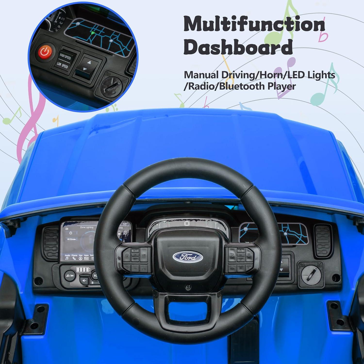 Ford Ranger Ride on Truck, 12V Powered Ride on Toy Cars with Remote Control, Bluetooth, MP3 Player, Safety Belt, LED Lights, Horn, Rear Wheels Drive Kids Electric Car for Boys Girls 3-6 Ages, Blue