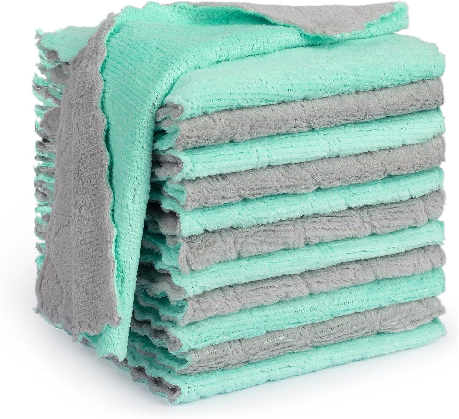 LYCAQL 12 Pack Kitchen Cloth Dish Towels, Premium Dishcloths, Super Absorbent Coral Velvet Dishtowels, Non-stick Oil Washable Fast Drying (Gray-Green)