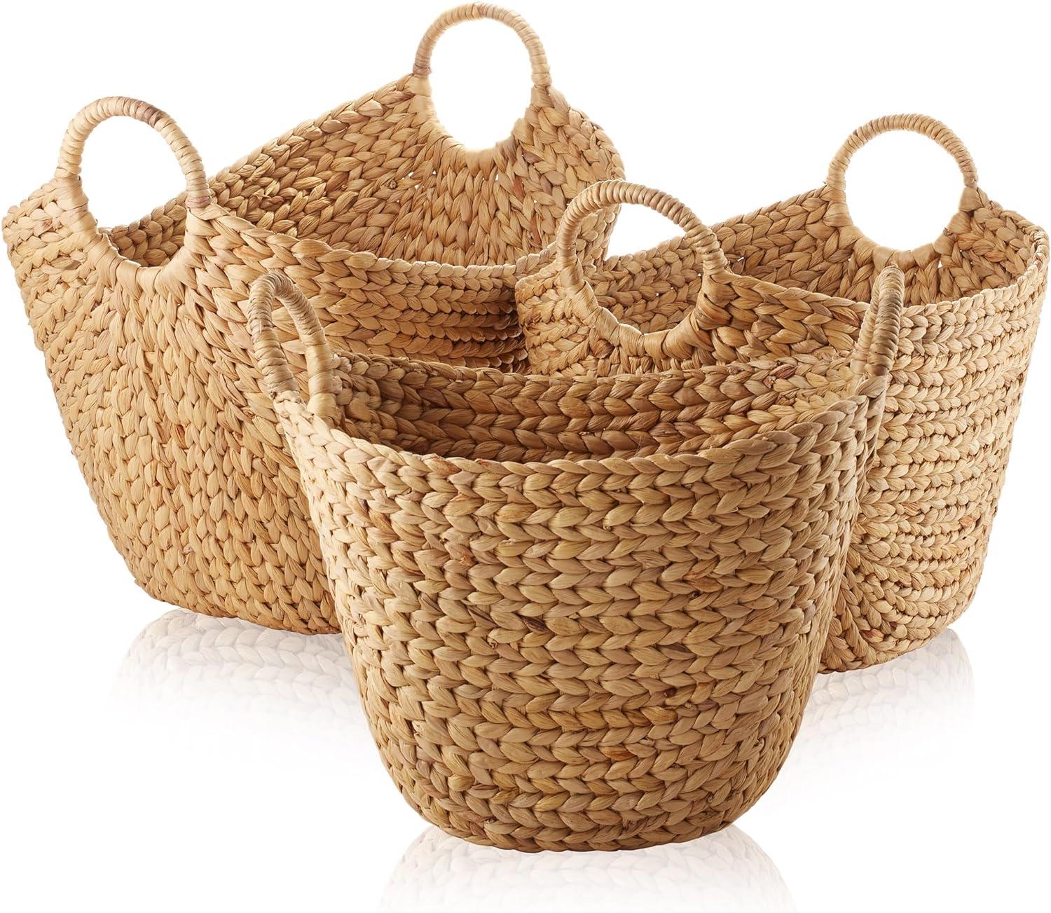 Casafield Set of 3 Water Hyacinth Boat Baskets with Handles, Woven Storage Organizers for Blankets, Laundry, Bathroom, Bedroom, Living Room