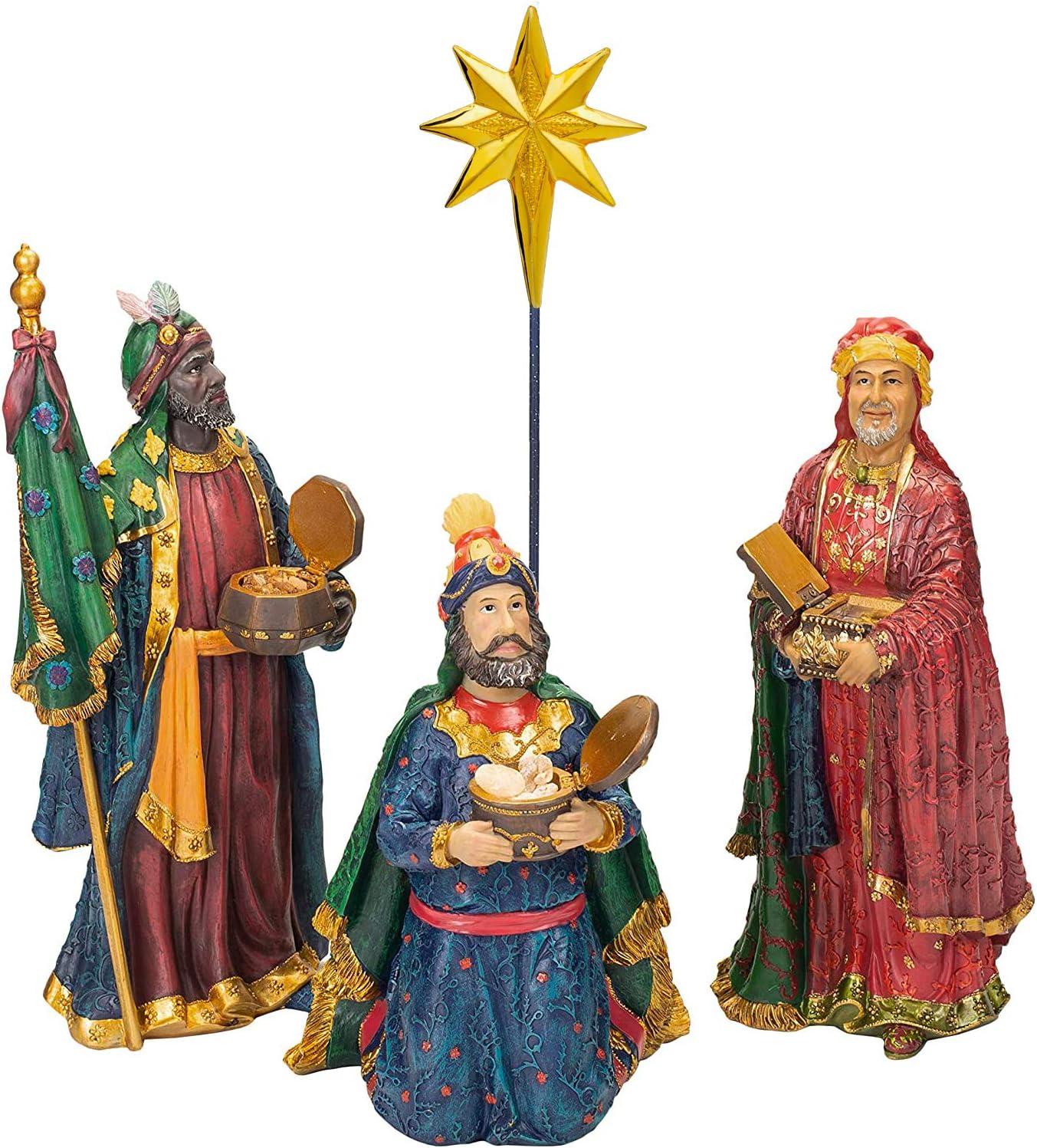 Three Kings Gifts Magi, Wise Men, Christmas Star, Angel, Shepherds, Sheep, Holy Family, Jesus in Manger, Real Gold in Trunk, Nativity Scene Set & Figures, 11-Pieces, for 7 inch Scale Collection