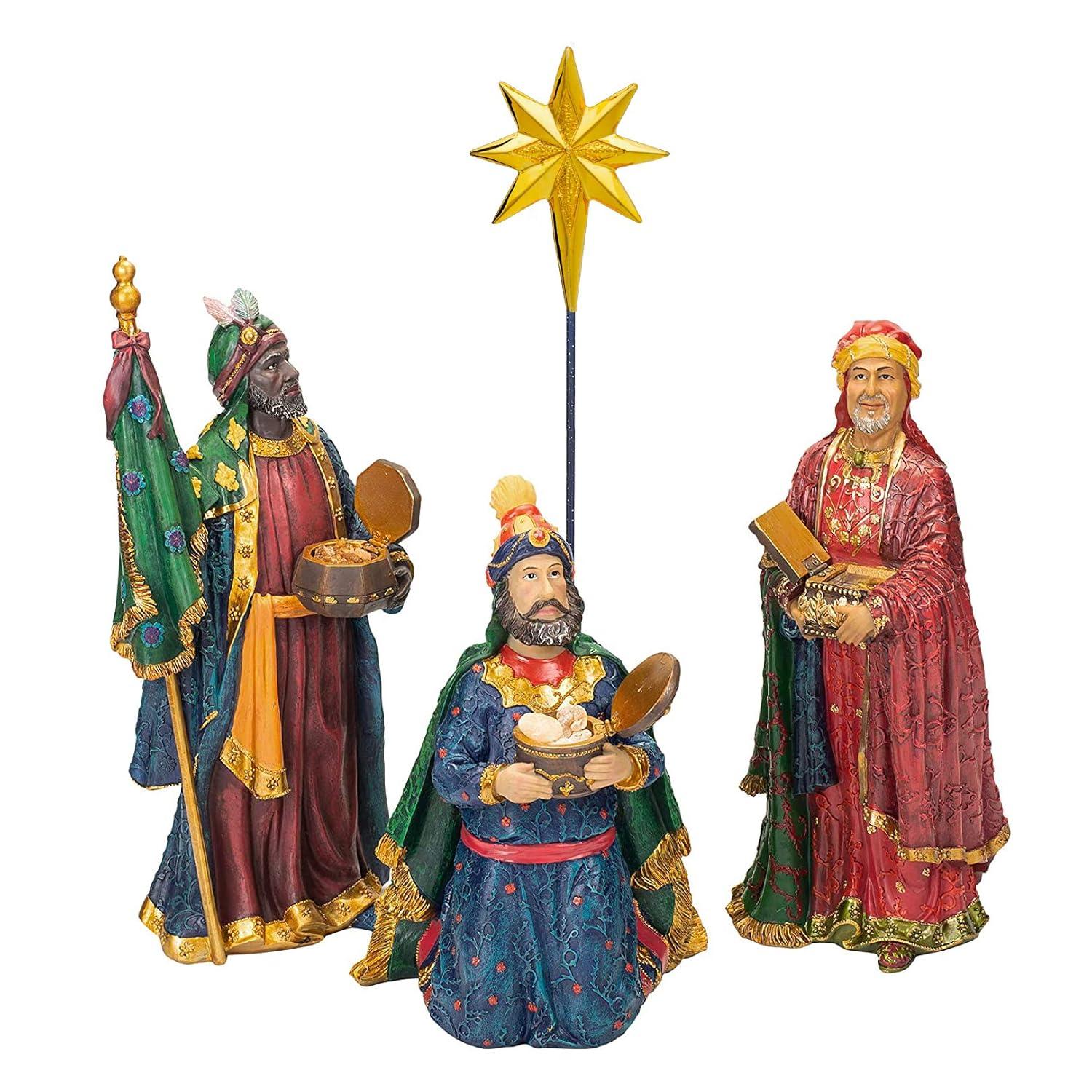 Three Kings Gifts Magi, Wise Men, Christmas Star, Angel, Shepherds, Sheep, Holy Family, Jesus in Manger, Real Gold in Trunk, Nativity Scene Set & Figures, 11-Pieces, for 7 inch Scale Collection