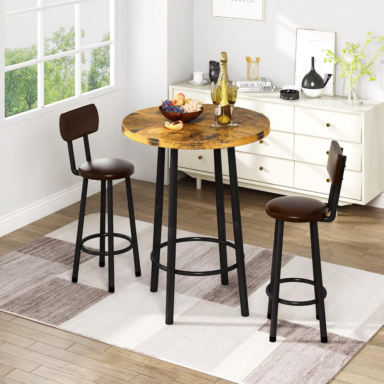 Recaceik 3 Piece Pub Dining Set, Modern Round bar Table and Stools for 2 Kitchen Counter Height Wood Top Bistro Easy Assemble for Breakfast Nook Living Room Small Space Restaurant, Rustic Brown