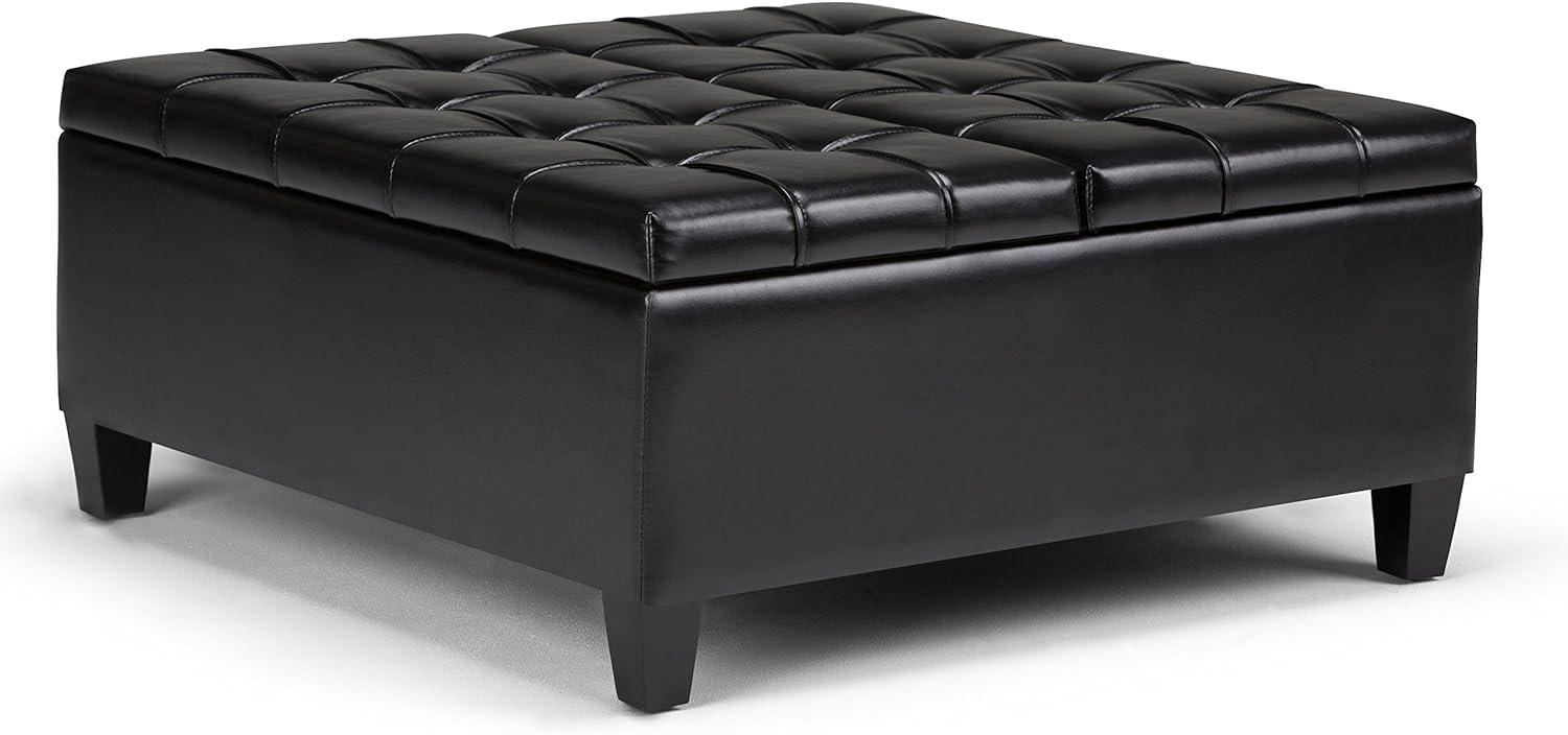 Midnight Black Tufted Faux Leather 36" Square Storage Ottoman