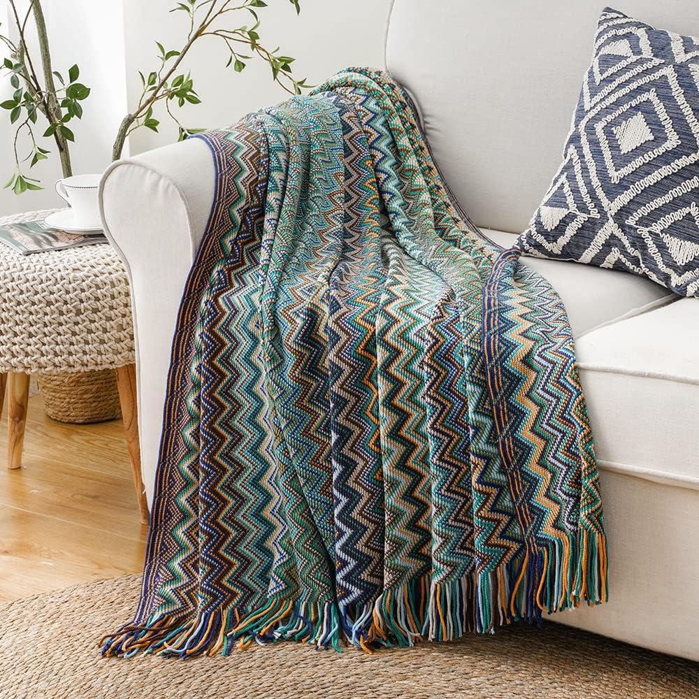 Boho Blue Chevron Knitted Throw Blanket with Tassels, 50"x60"