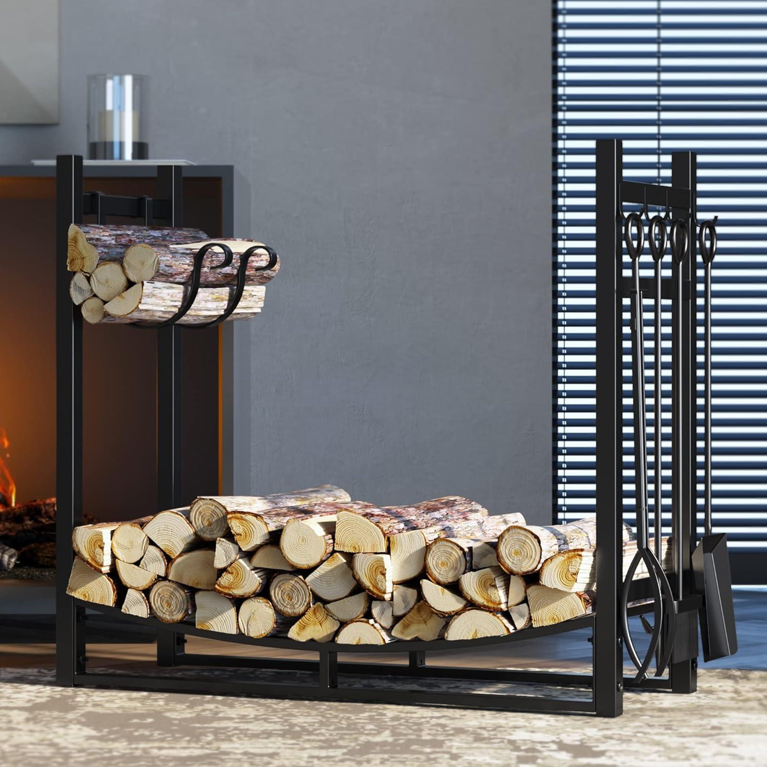 Black Steel Fireplace Log Rack with Kindling Holder and Tools