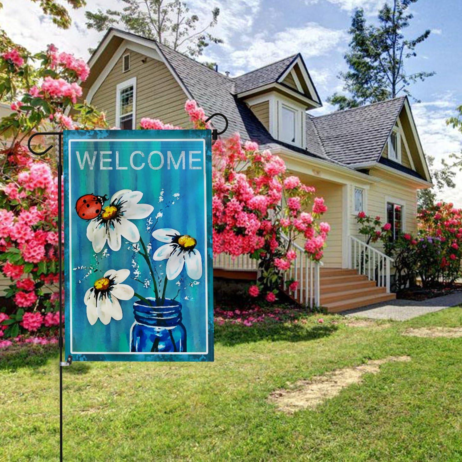 Anley Spring Summer Daisy Jar and Ladybug Garden Flag Double Sided Premium Garden Flag 18 x 12.5 Inch