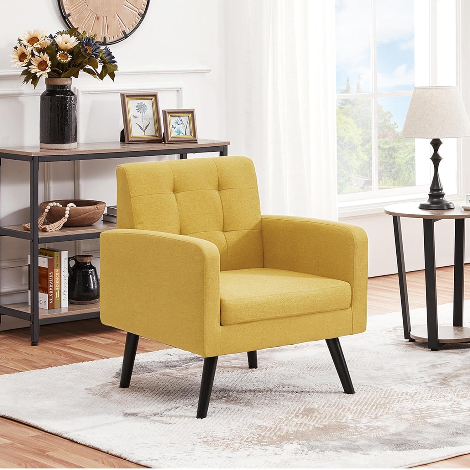 Yaheetech Set of 2 Mid Century Tufted Back Accent Arm Chair with Rubberwood Legs, Yellow