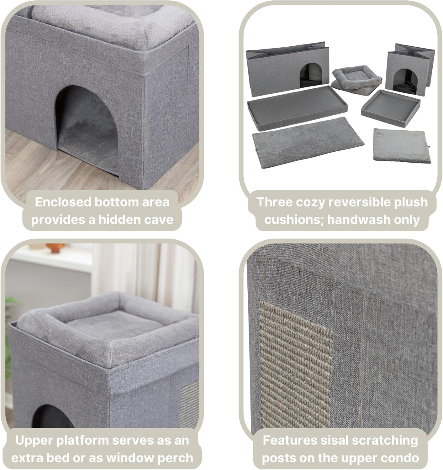 TRIXIE Crazy Cube Stackable 2-Story Indoor Cat Condo, Cat House with Scratching Pad, Gray