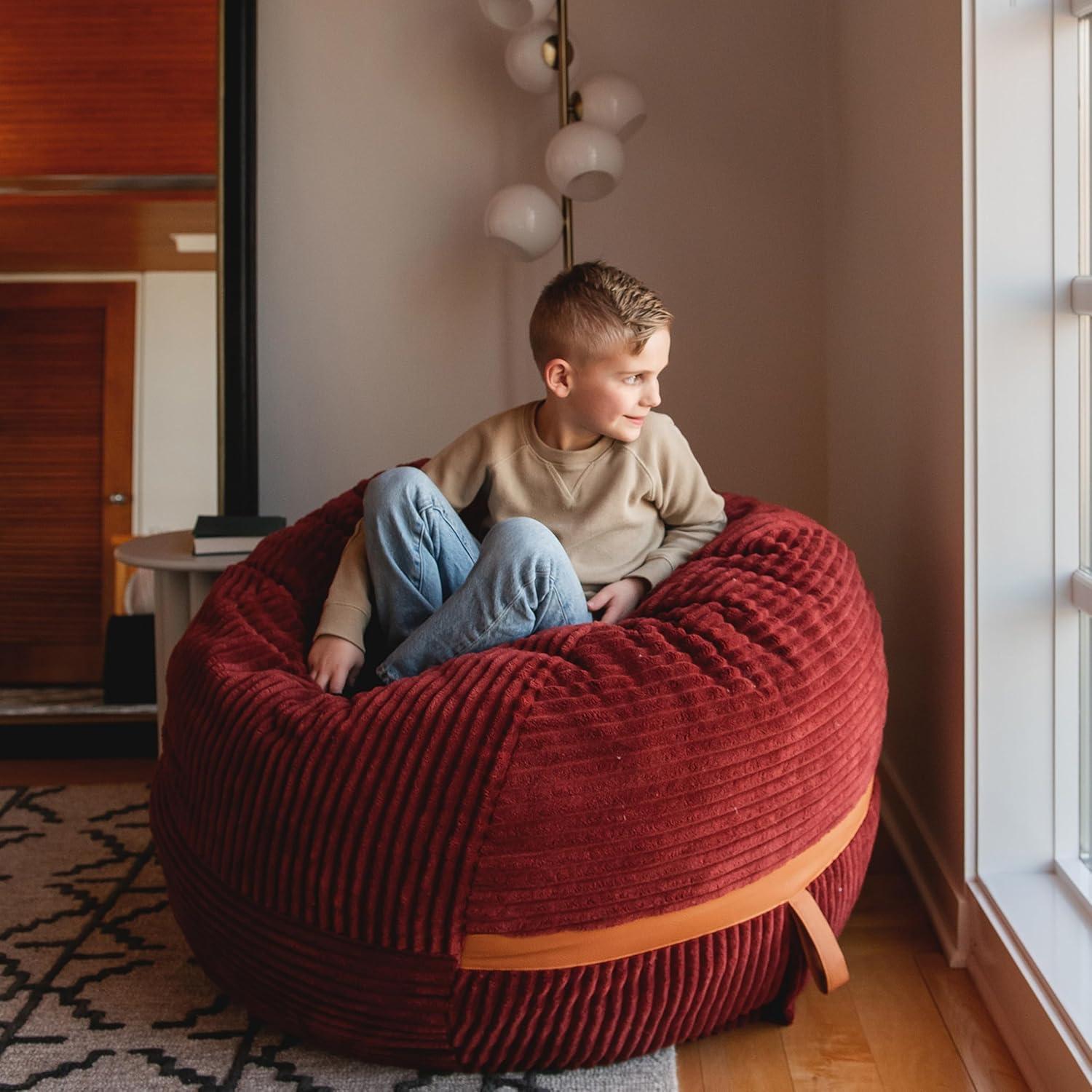 Big Joe Foam Filled Bean Bag Chair with Removable Cover, Corded Plush, Vegan Leather Accents, Medium to XXL Size