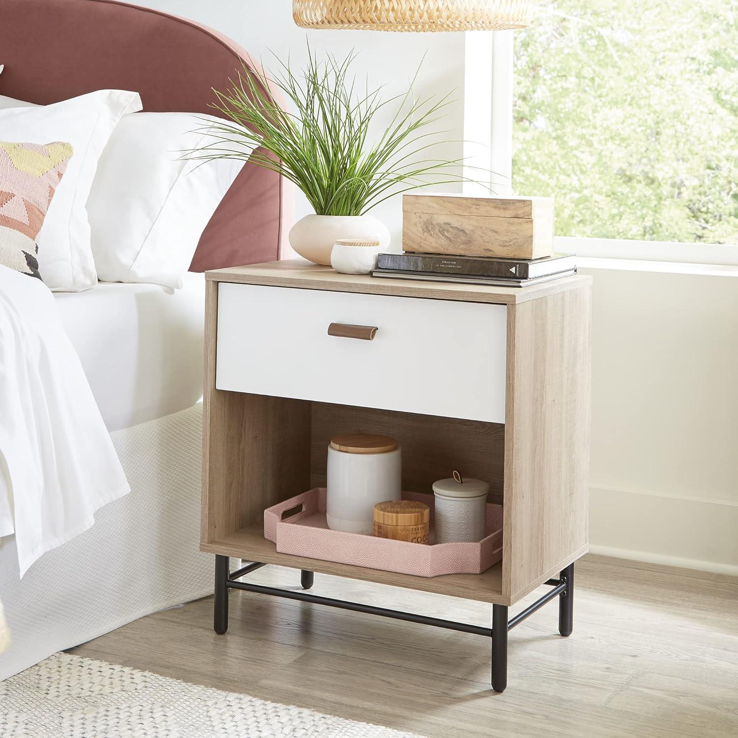 Sky Oak and White Single-Drawer Nightstand with Metal Base