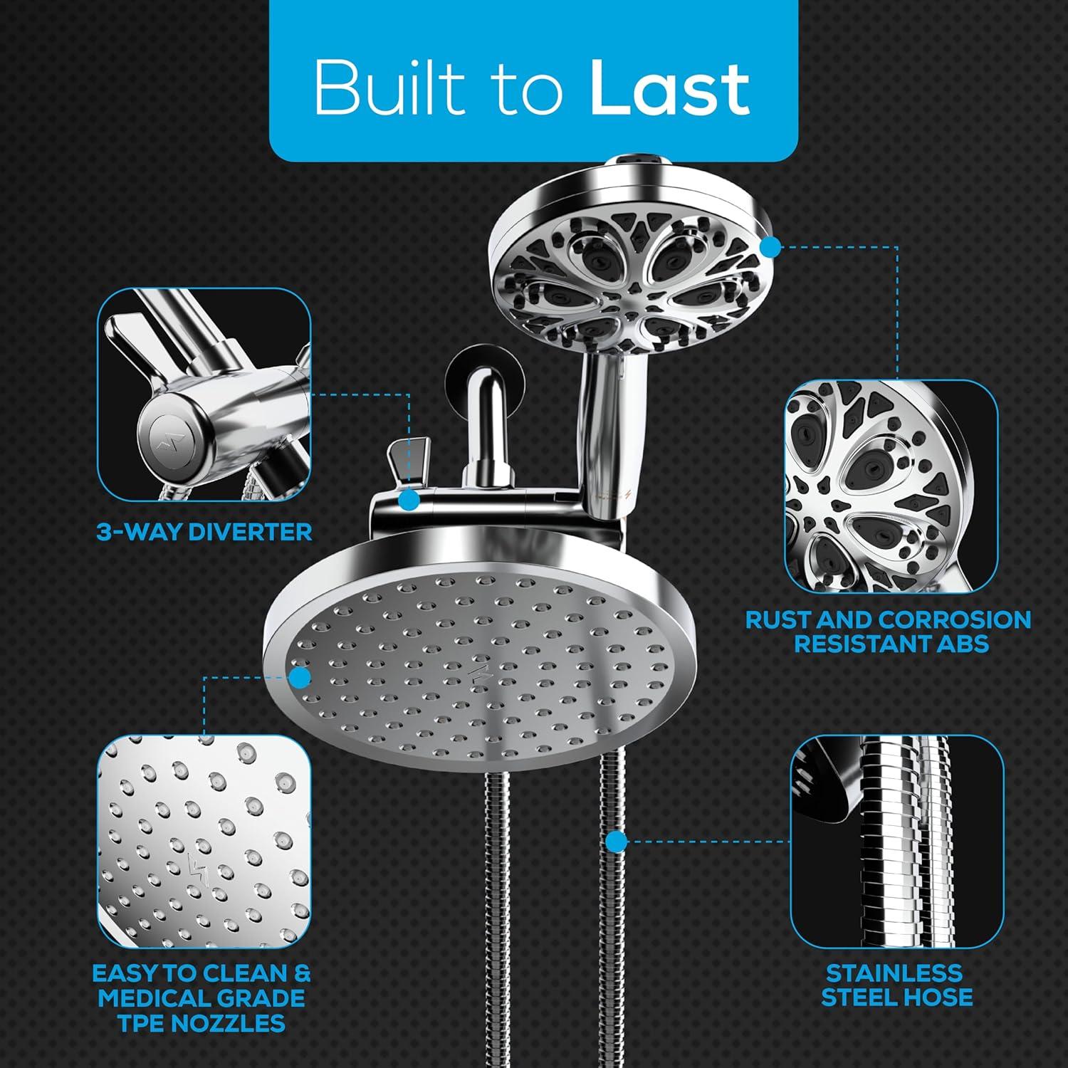 SparkPod Dual Shower Head - 8'' High Pressure Rain Shower Heads with Handheld Spray Combo - Rainfall, Handheld & Dual Mode - Easy Install 3-Way Showerhead with Hose & Holder (Luxury Polished Chrome)