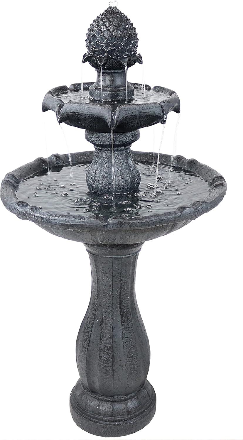 Sunnydaze Outdoor 2-Tier Solar Powered Pineapple Top Water Fountain with Battery Backup and Submersible Pump - 46" - Black