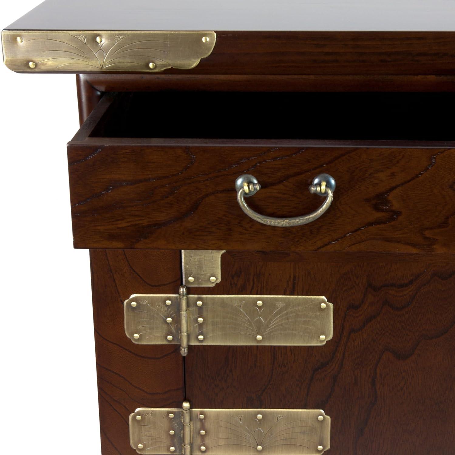 Red Lantern Korean Antique Style 3 Drawer End Table Cabinet, Cognac