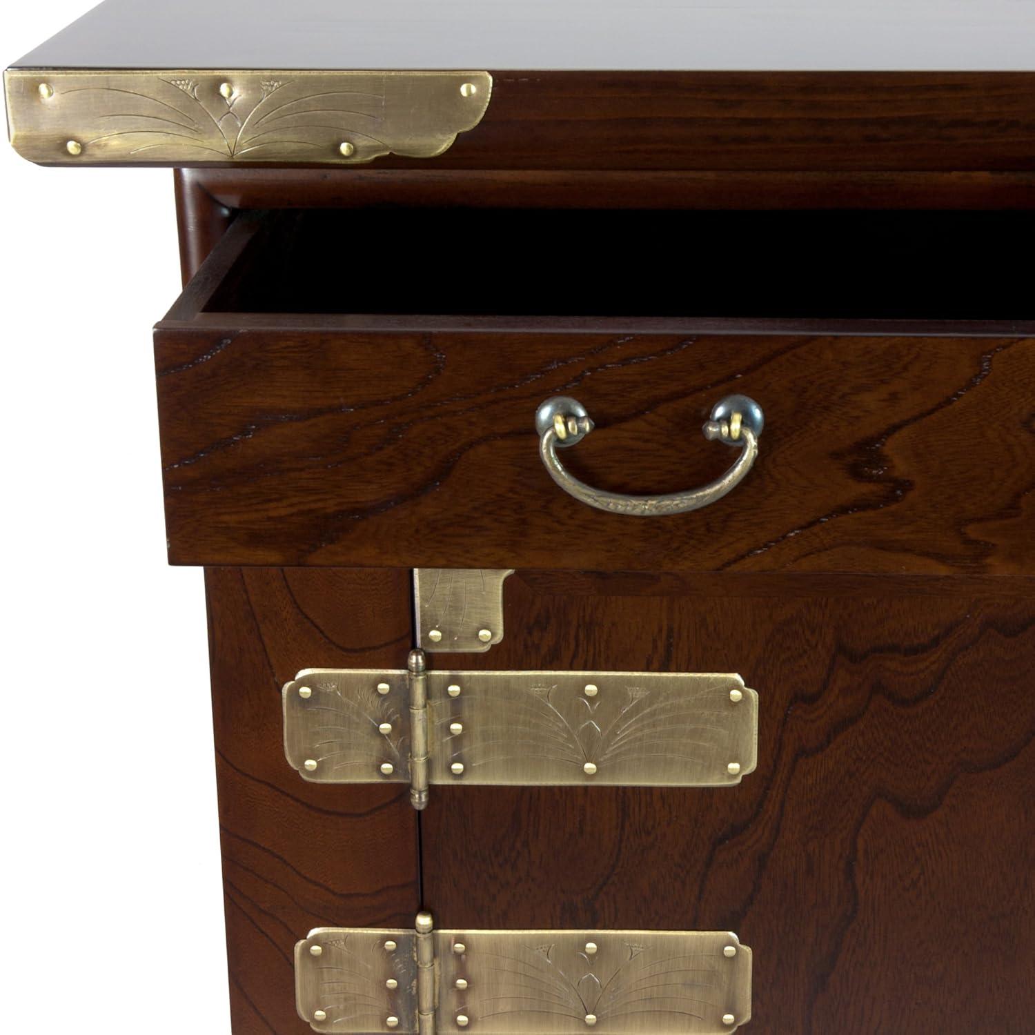 Red Lantern Korean Antique Style 3 Drawer End Table Cabinet, Cognac