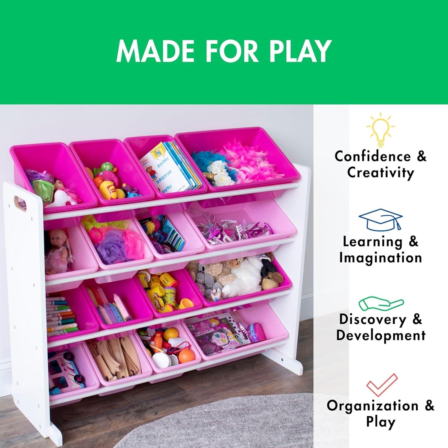 Humble Crew Molly Supersized Toy Storage Organizer with 16 Plastic Storage Bins, White/Pink