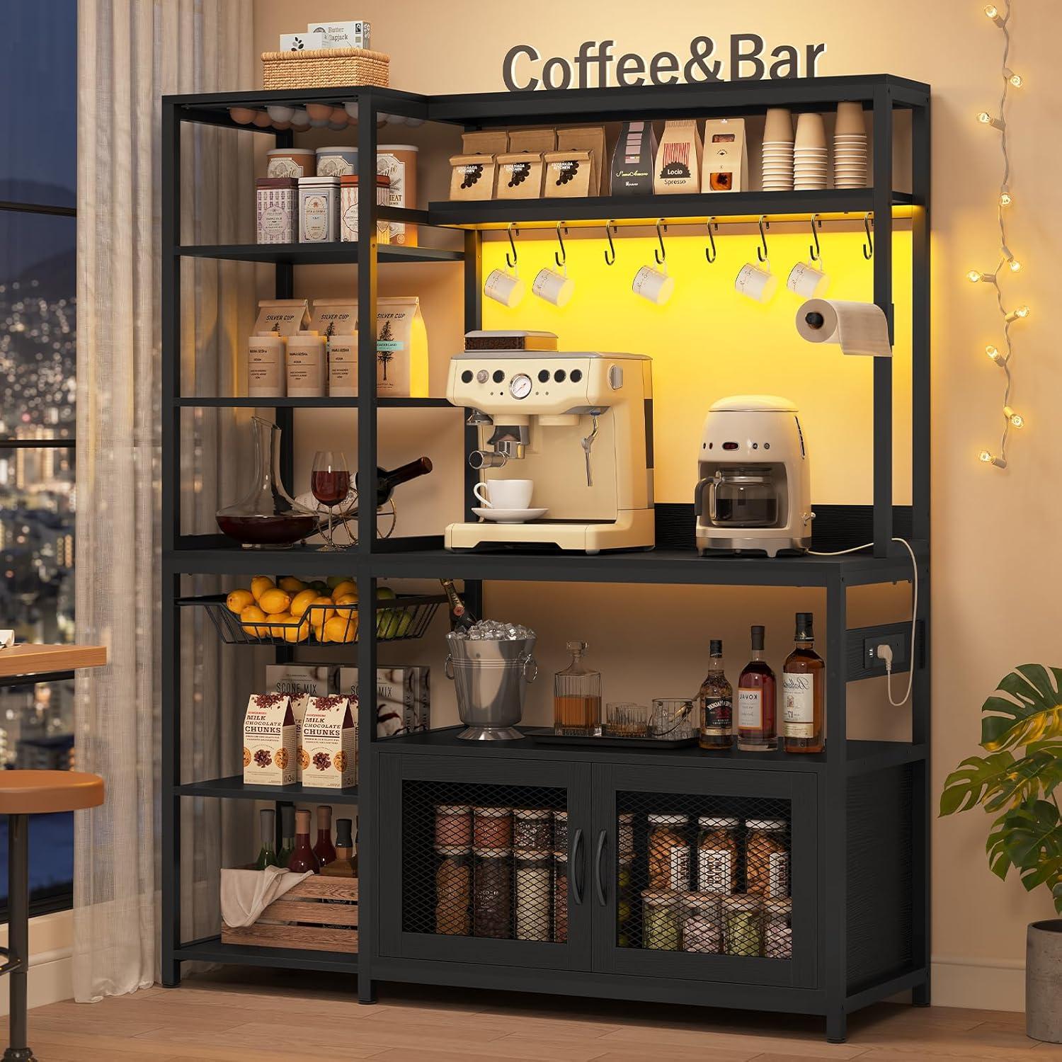 Kitchen Bakers Rack with Storage Shelves, Microwave Stand with Power Outlet and LED Light, Coffee Bar Cabinet Wire Basket Metal Grid Wine Rack Goblet Holder Hooks (Black, Small)