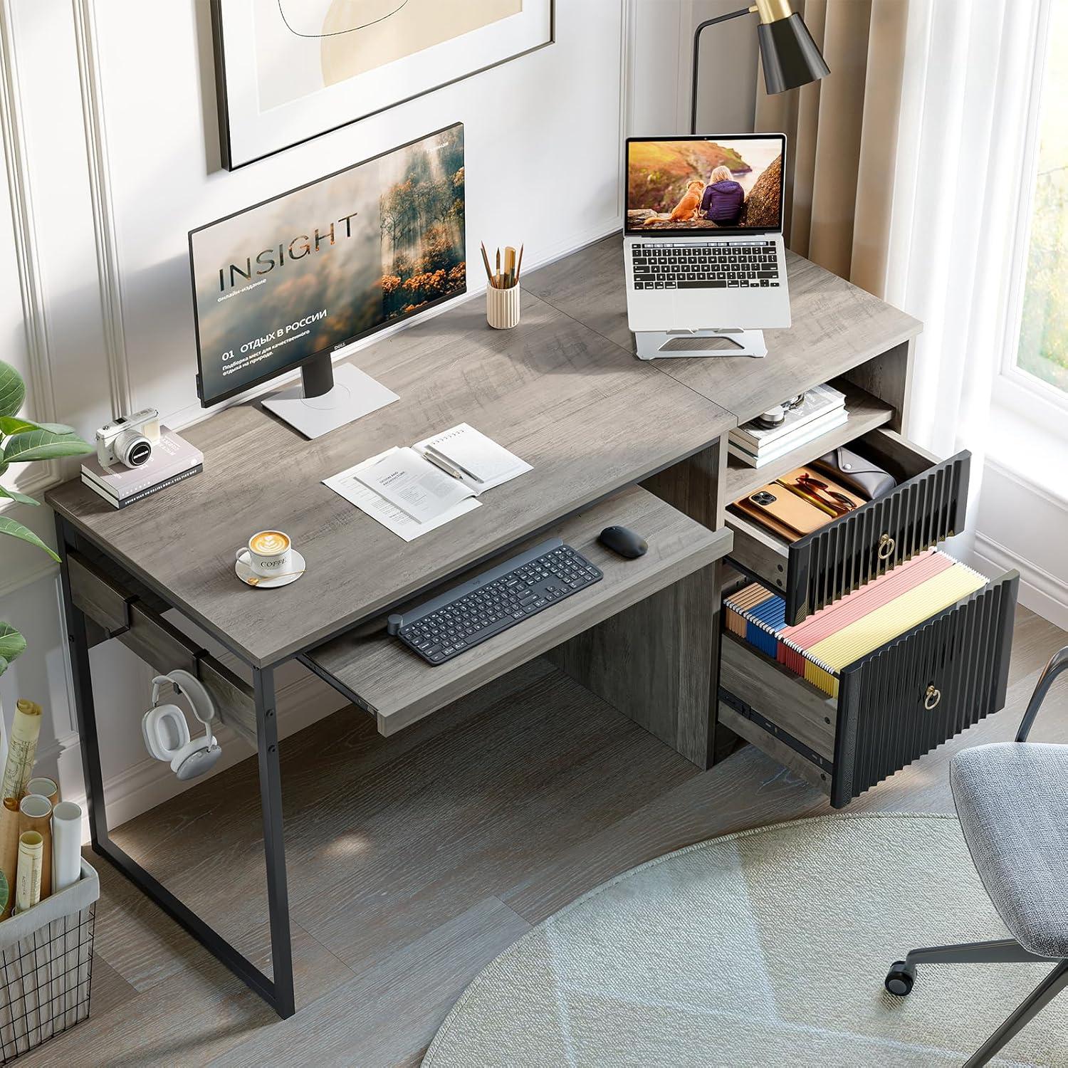 Bestier 55 inch Computer Desk with Drawers & Keyboard Tray & File Cabinet Home Office Desk in Grey
