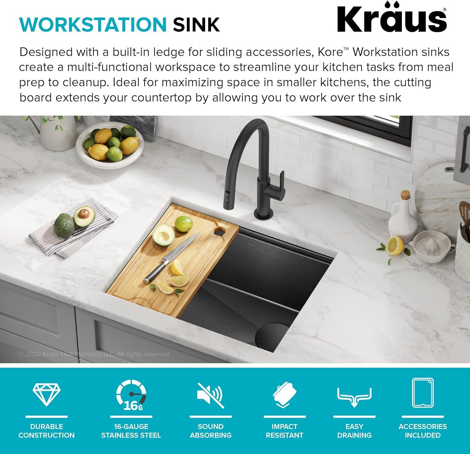 KRAUS Kore™ Undermount Workstation 16 Gauge Black Stainless Steel Single Bowl Kitchen Sink in PVD Gunmetal Finish