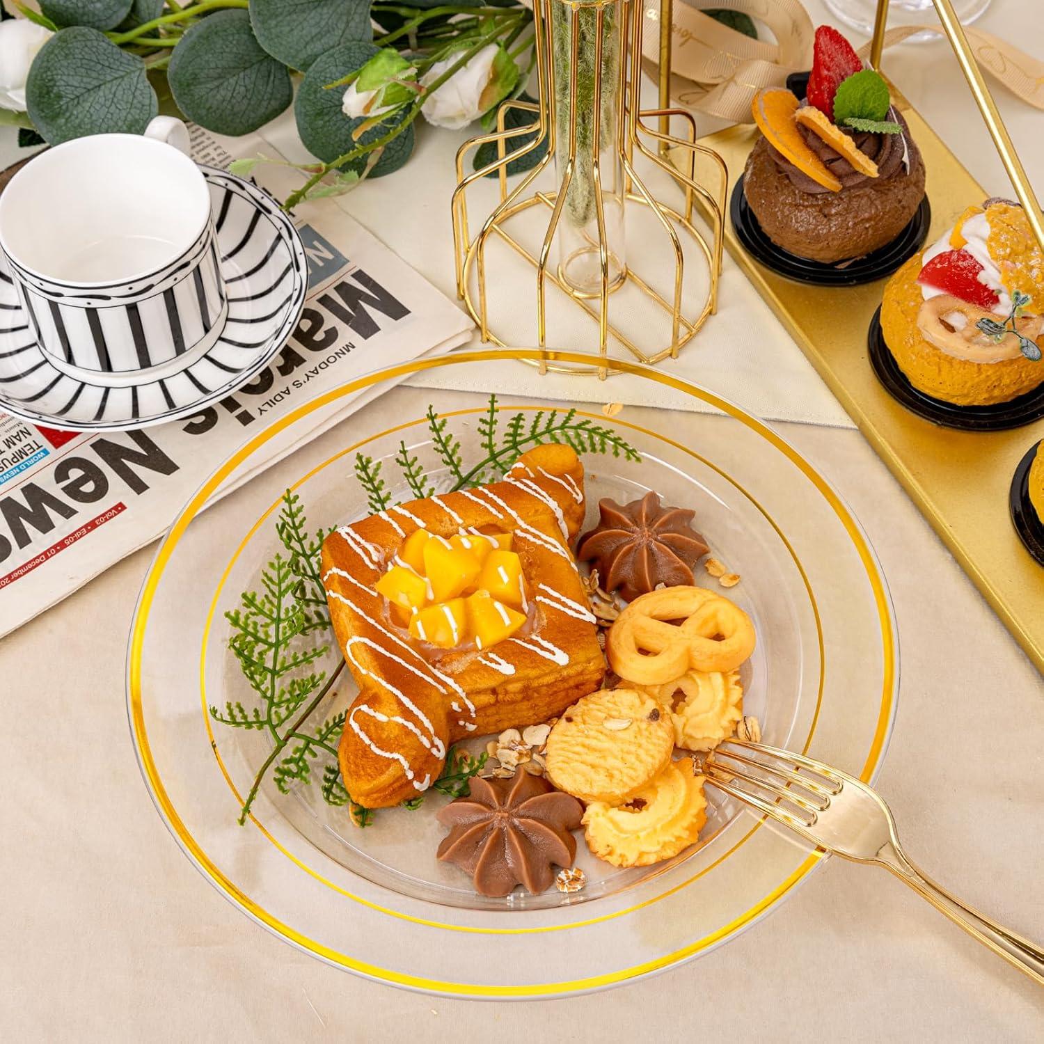 I00000 60pcs Plastic Gold Plates,10.25 inch Gold Rimmed Dinner Plates, White Disposable Plates, Parties or Wedding