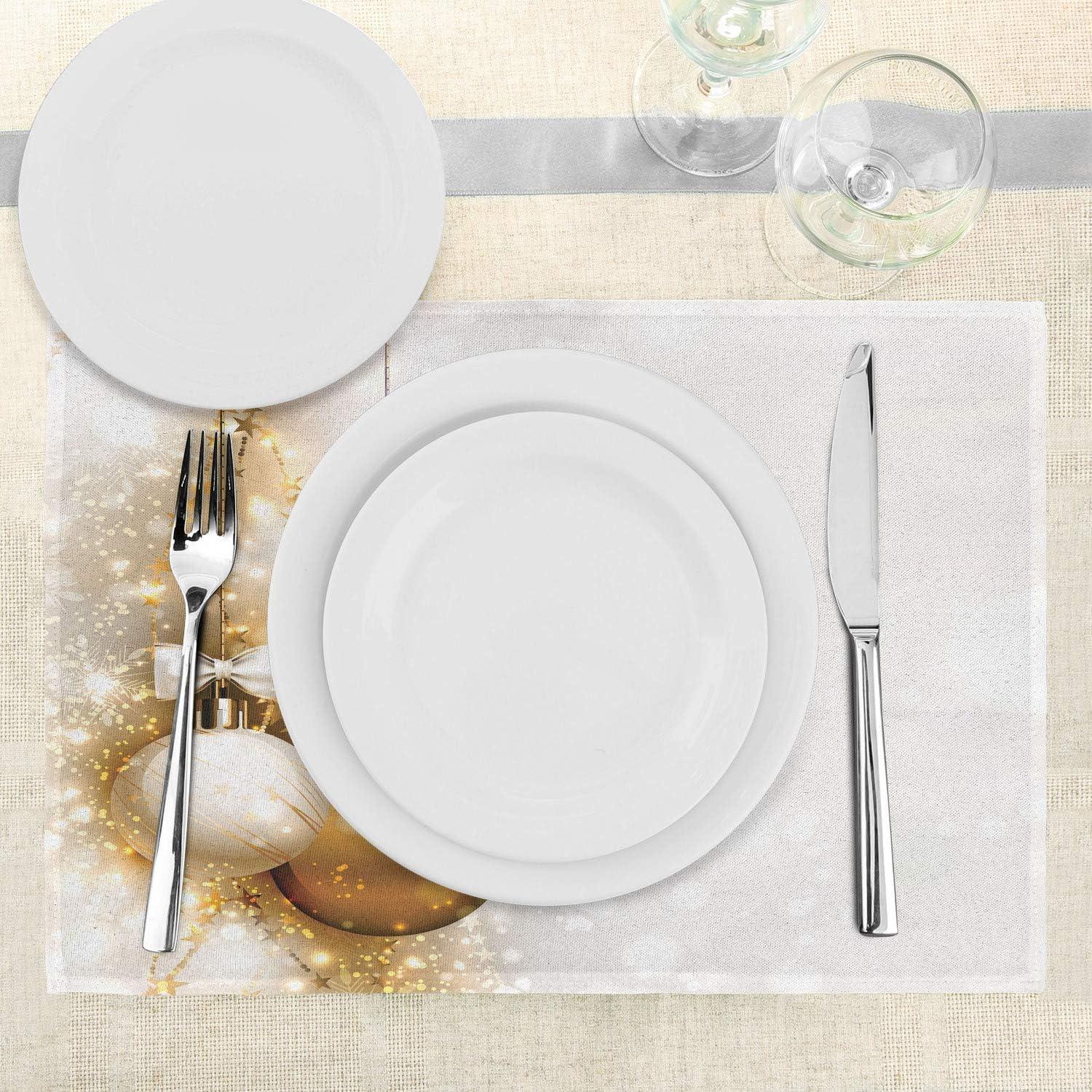 Ambesonne Christmas Place Mats Set of 4, New Years Ribbon, Standard Size, White and Beige