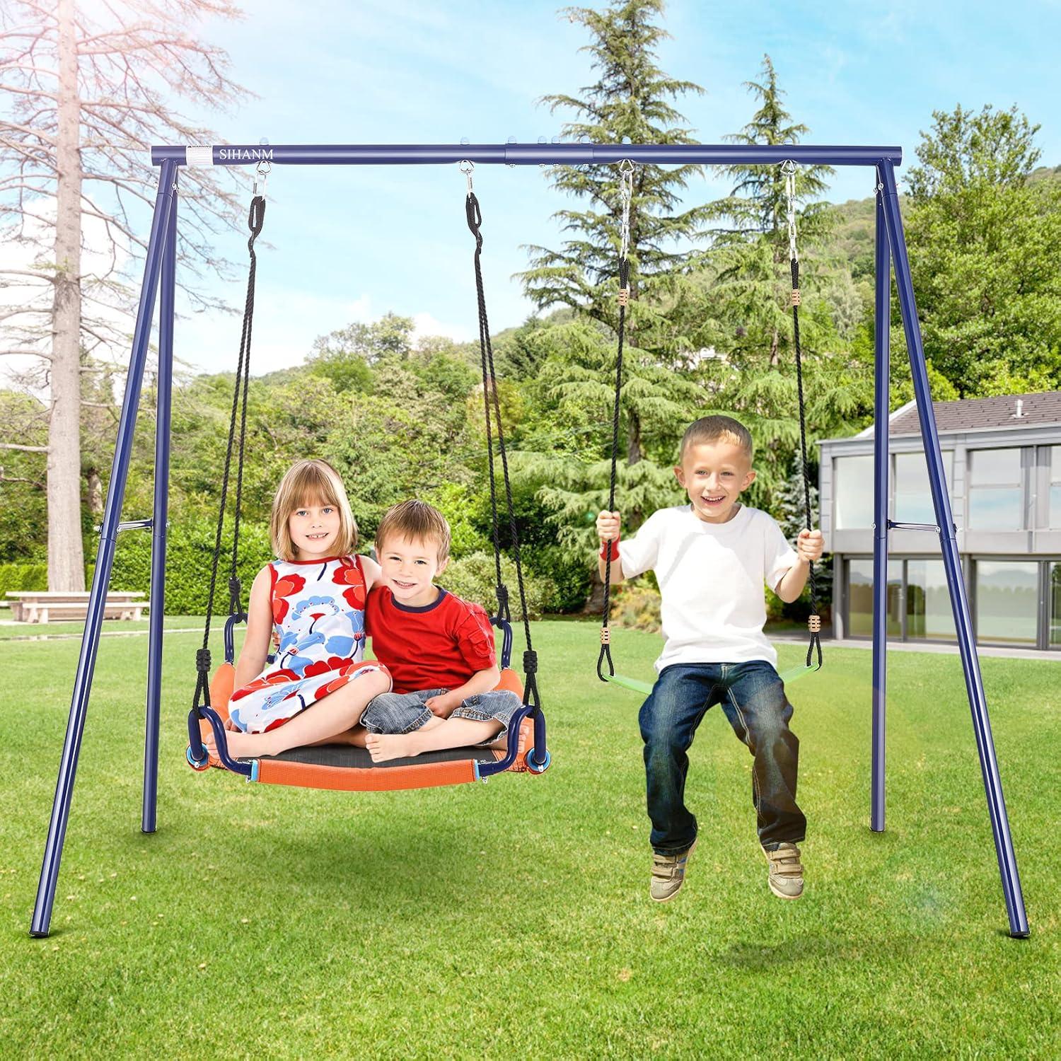 Metal Swing Sets for Backyard - 440 lbs Heavy Duty Swing Stand A-Frame Kids Outdoor Swing Adjustable Ropes Saucer Swing with Frame 2 Seats Playground Sets