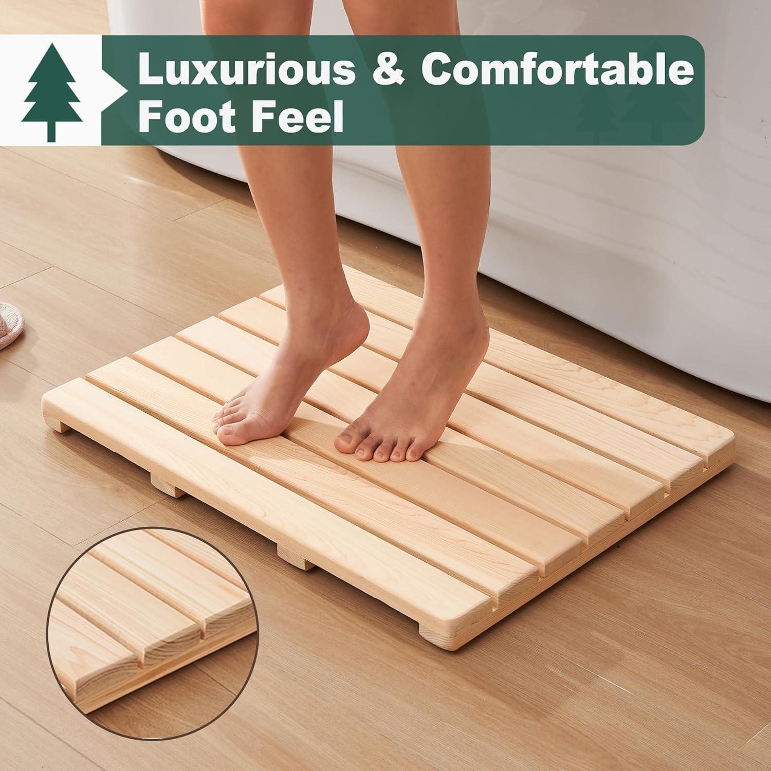 bingaai Hinoki Wood Shower and Bath Mat 25×18.9 in, Natural Japanese Hinoki Wooden Bath Mat, Non-Slip Bathroom Mat Wood for Indoor Outdoor Shower, Wooden Floor Mat for Spa Sauna Camping