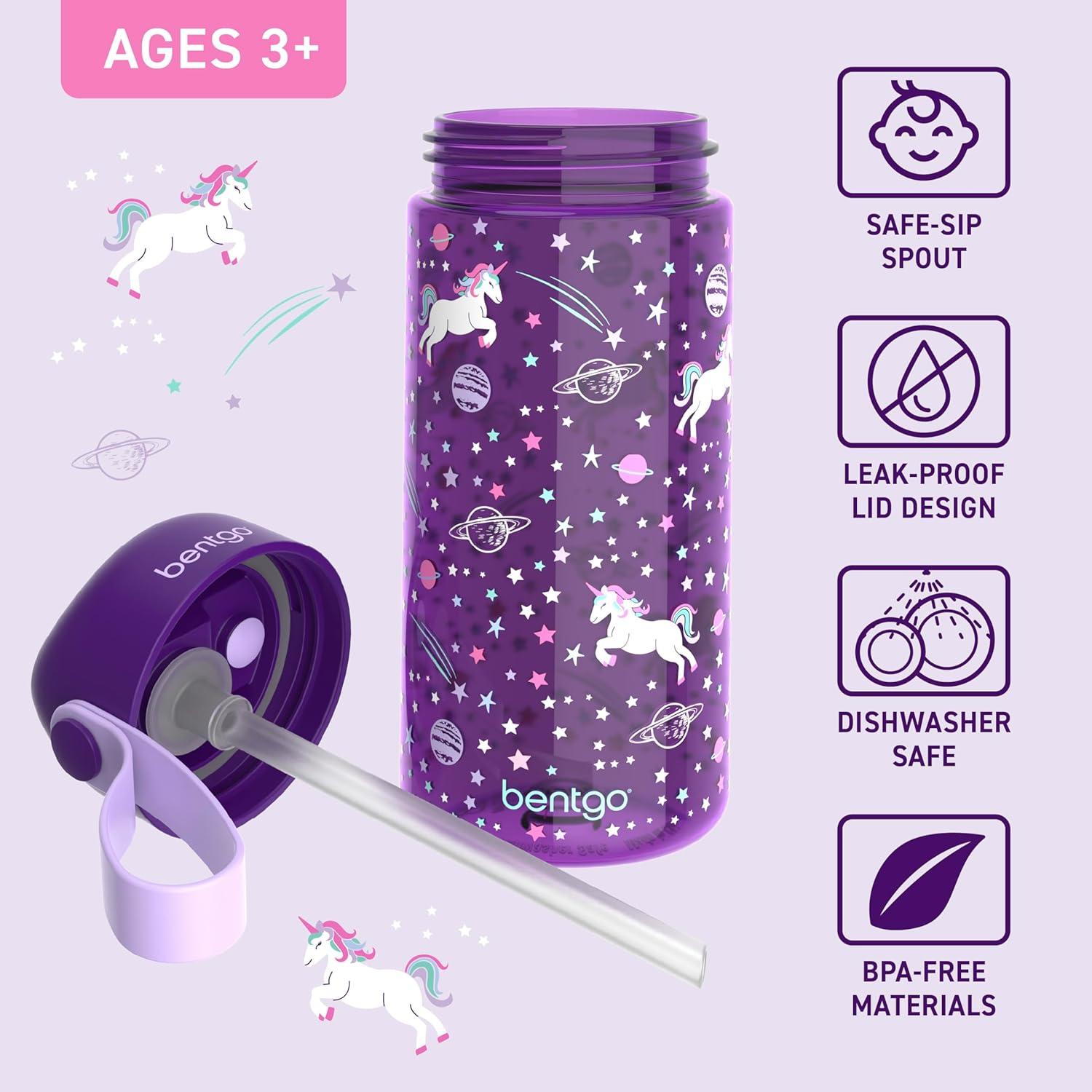 Bentgo® Kids Water Bottle - New & Improved 2023 Leak-Proof, BPA-Free 15 oz. Cup for Toddlers & Children - Flip-Up Safe-Sip Straw for School, Sports, Daycare, Camp & More (Unicorn)