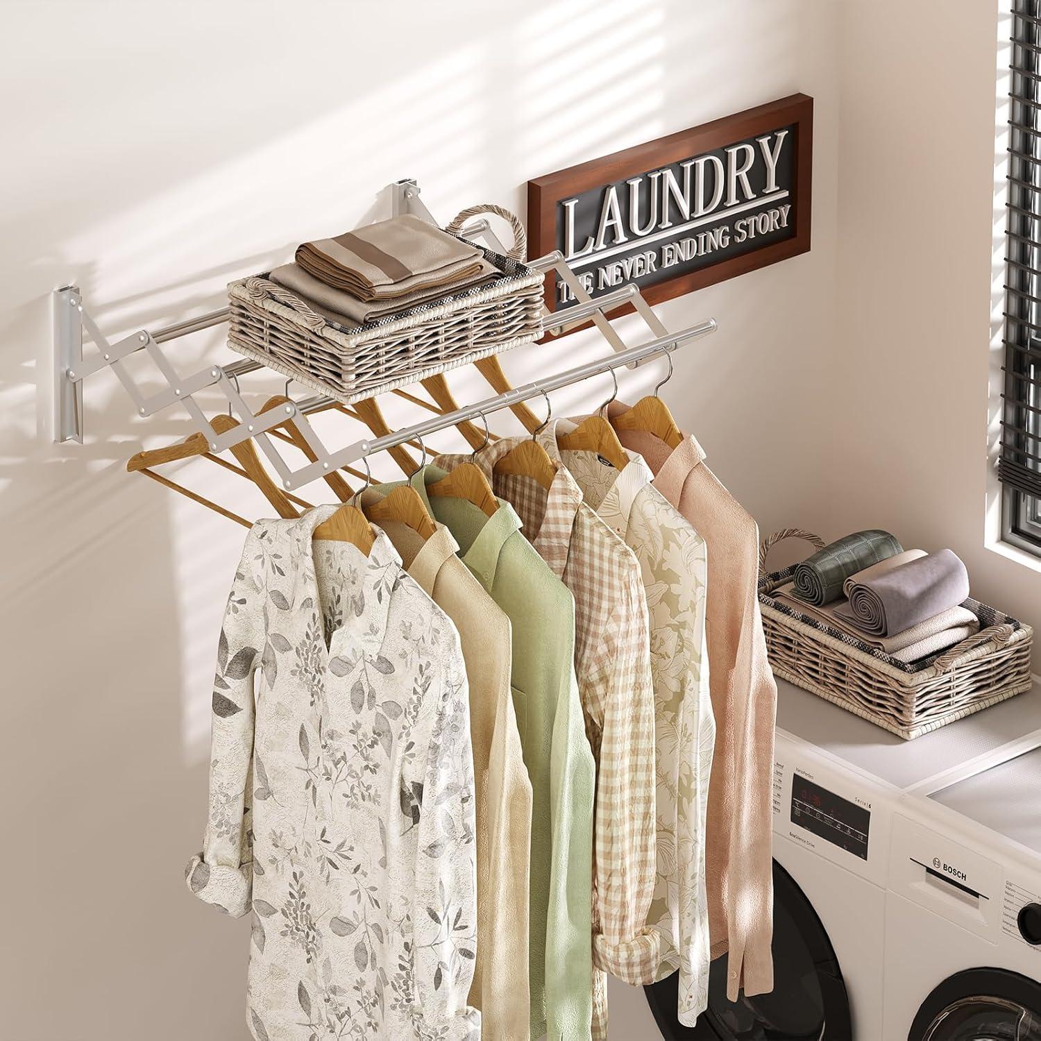 X-cosrack Wall Mounted Clothes Drying Rack, Wide Large Rustproof Retractable Laundry Drying Rack, 8 Bar Space-Saving Aluminium Alloys Clothing Hanger Drying Racks forLaundry