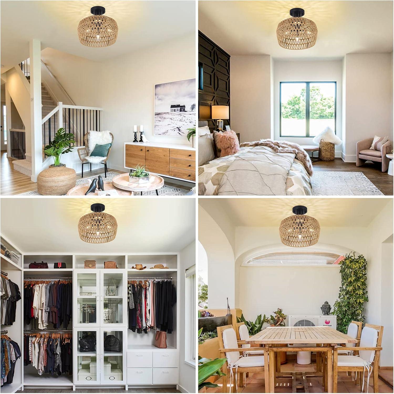 ACE-LIGHTS,3-Lights Semi Flush Mount Boho Chandelier Ceiling Light,Rattan Light Fixture Ceiling Mount with Handmade Wicker Lampshade for Bedroom,Living Room,Hallway,Kitchen(Brown)