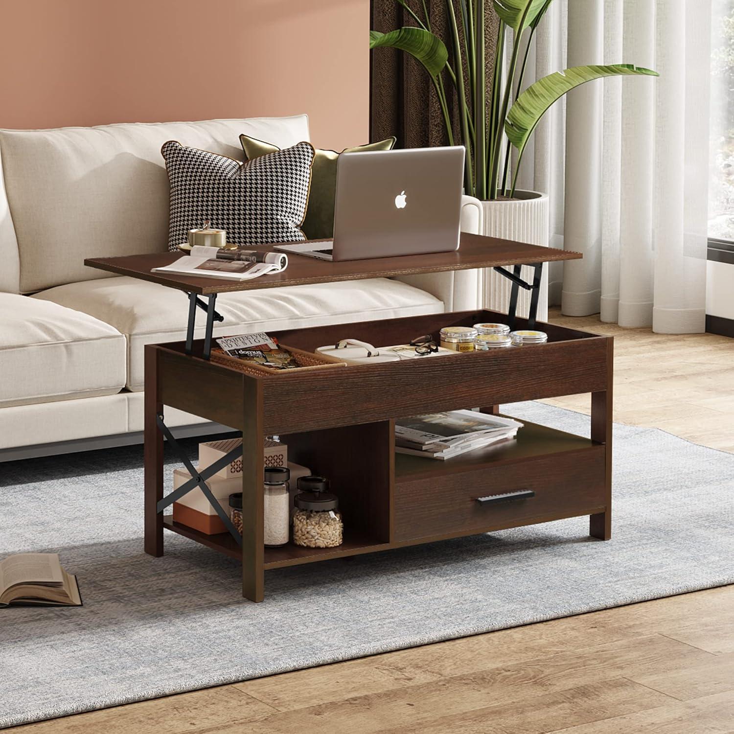 Espresso 39" Lift-Top Coffee Table with Storage Drawers and Shelf