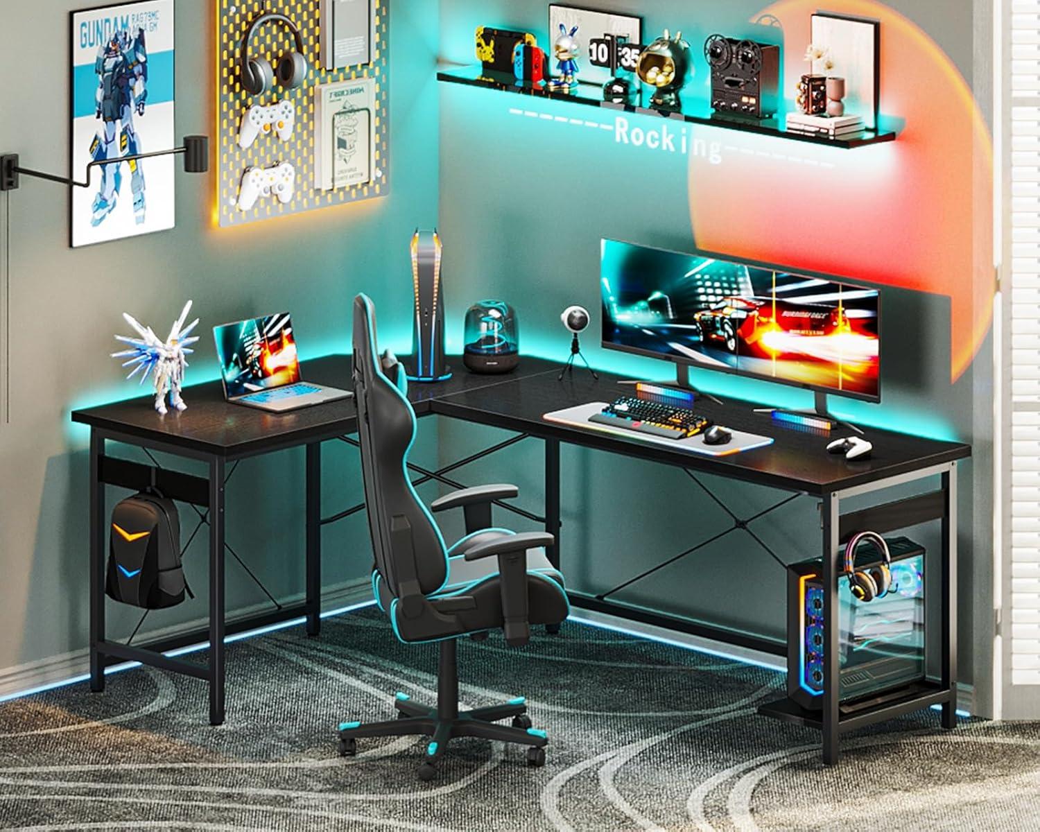 Black 59-Inch L-Shaped Gaming Desk with Power Outlet and USB Ports