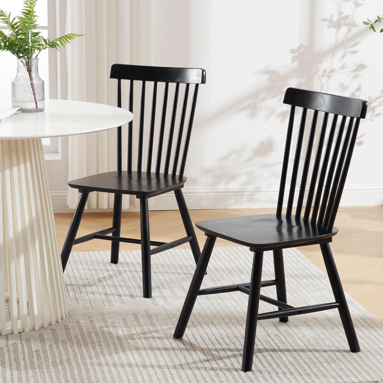 Black Solid Wood Windsor Side Chair Set with Slat Back