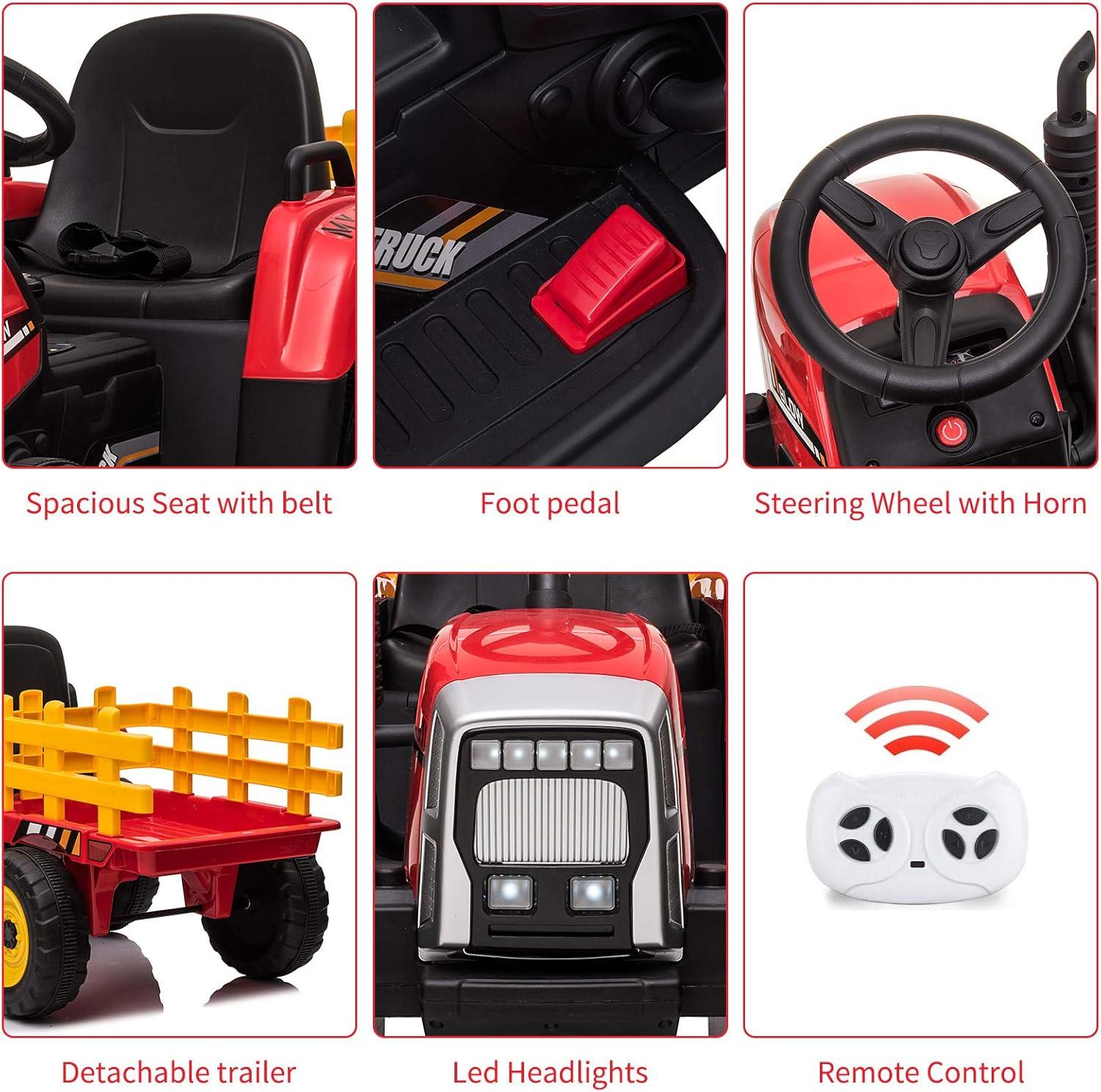 Red 12V Kids Electric Tractor with Remote Control and Trailer