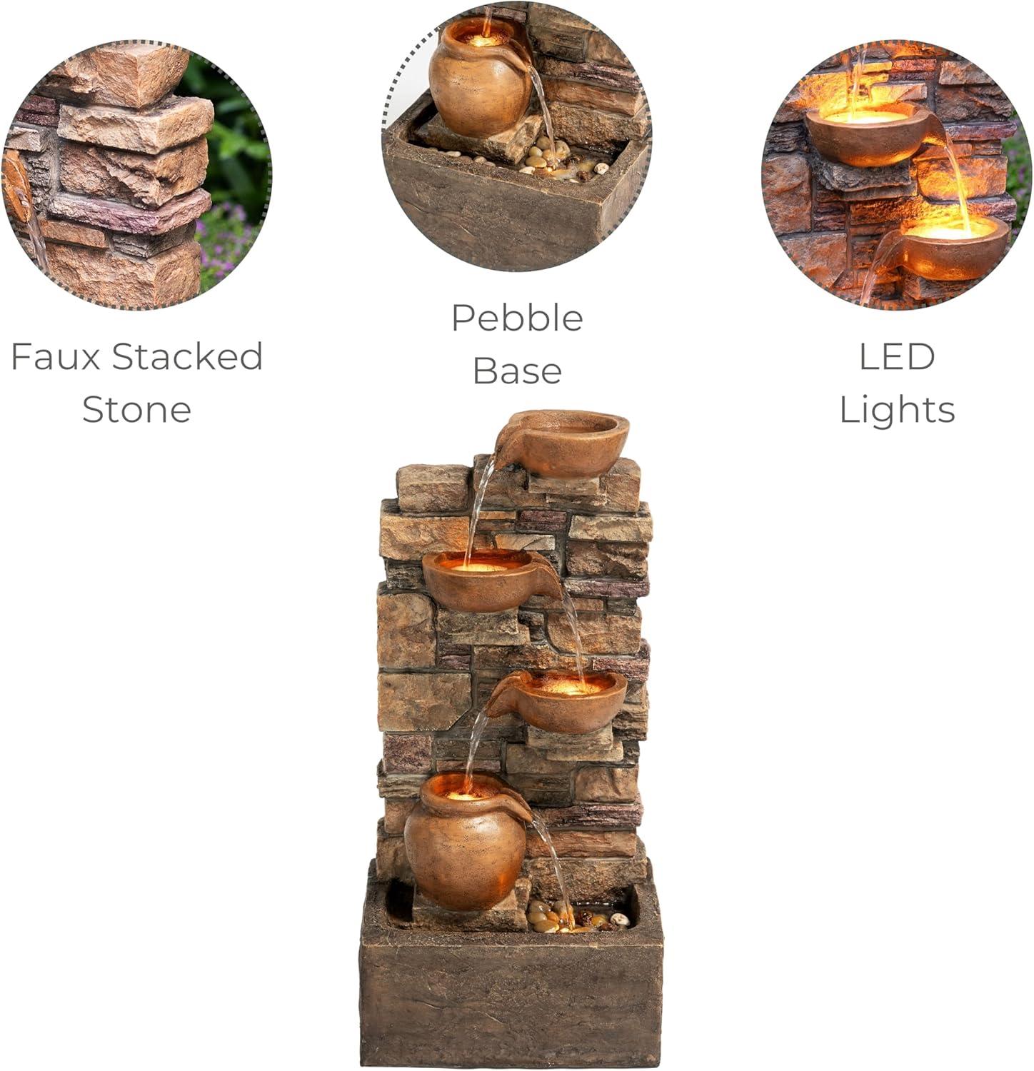 Teamson Home 33.27" Polyresin Cascading Bowls & Stacked Stones LED Fountain: Rust-Resistant, Electric Pump, Ground Freestanding