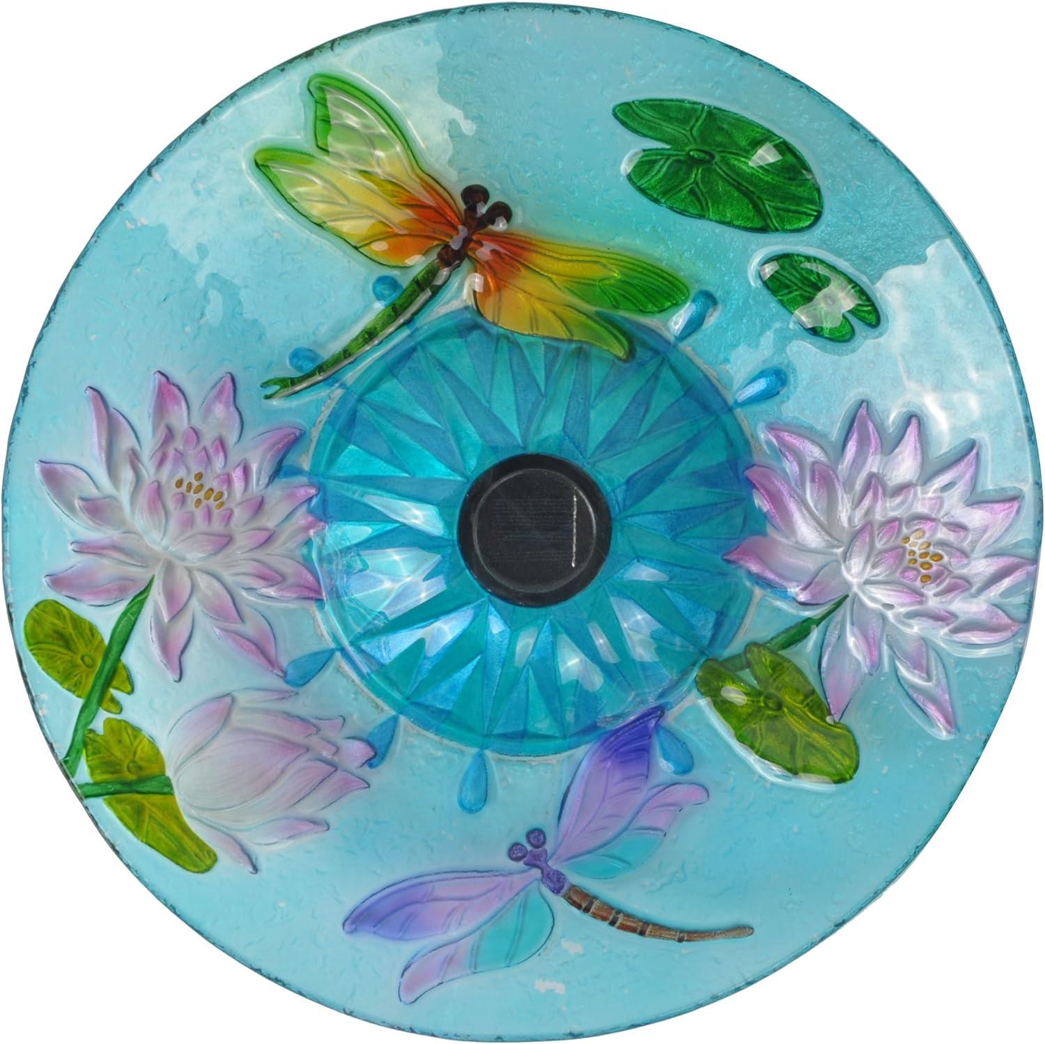 18" Light Blue Glass Dragonfly Solar Birdbath with Stand