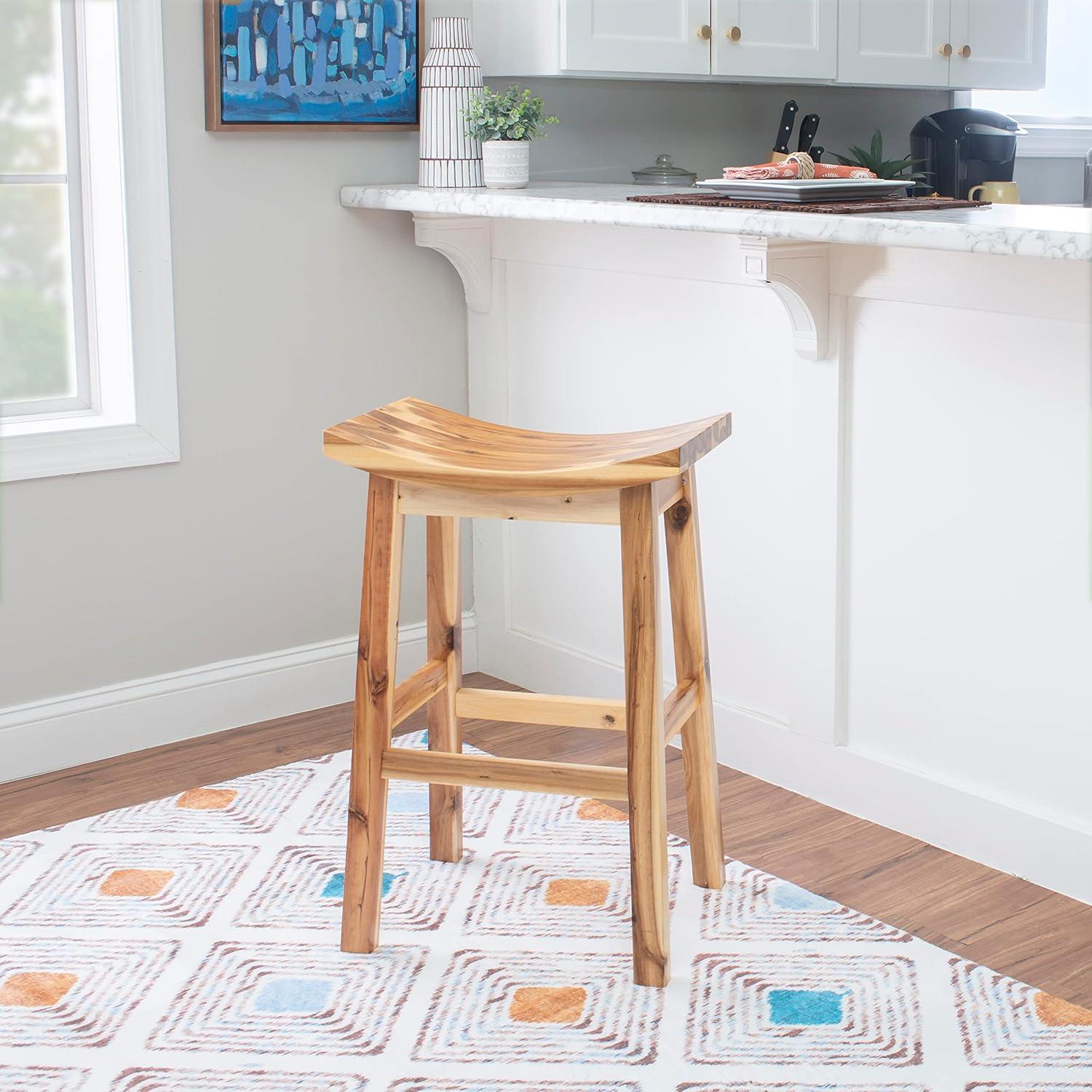 Linon Dale 30" Acacia Wood Saddle Seat Bar Stool in Rustic Light Natural Brown