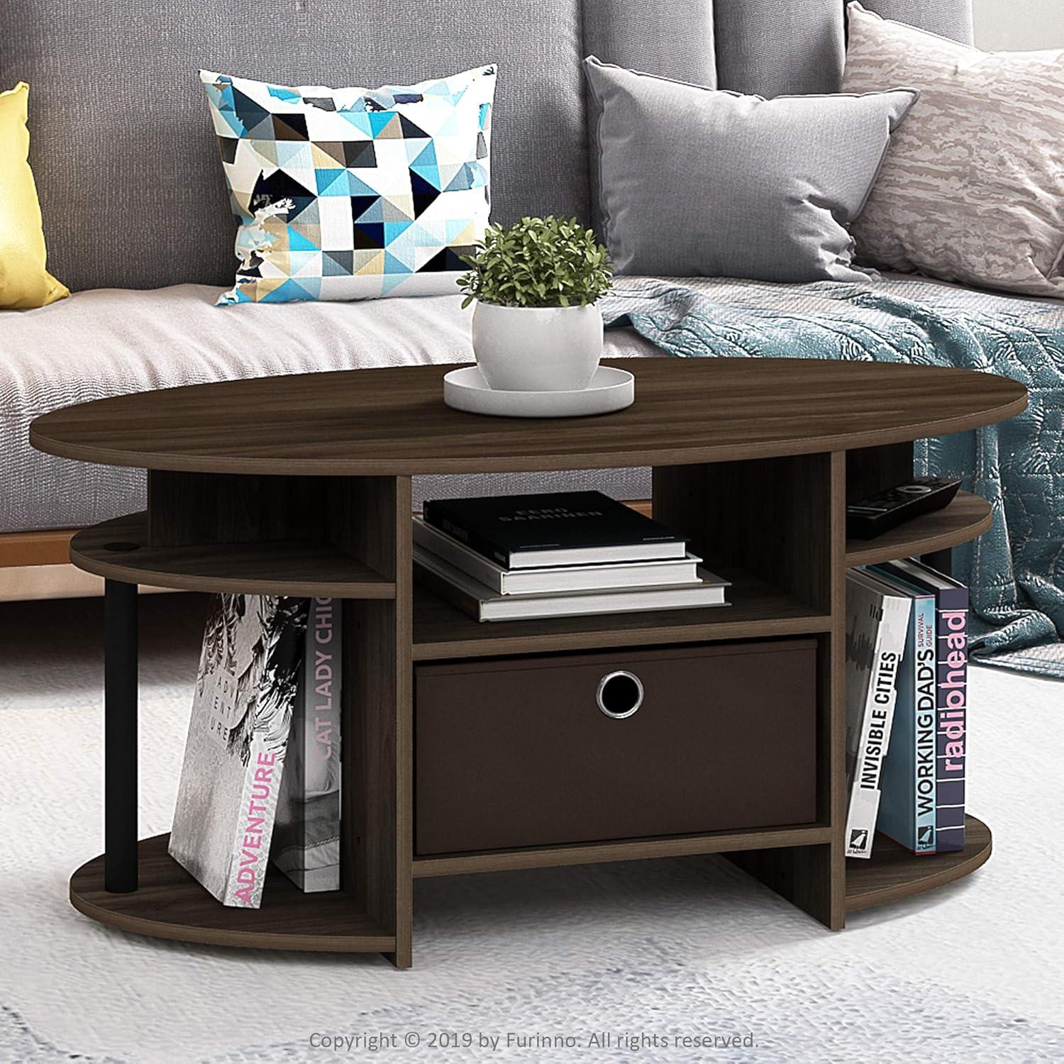 Furinno JAYA Simple Design Oval Coffee Table with Bin, Columbia Walnut/Black/Dark Brown