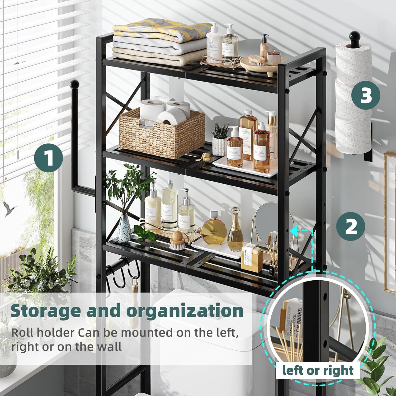 Tangkula Over-the-Toilet Storage 3-Tier Freestanding Bathroom Organizer Shelf w/ 2 Hanging Hooks & Toilet Paper Holder Black
