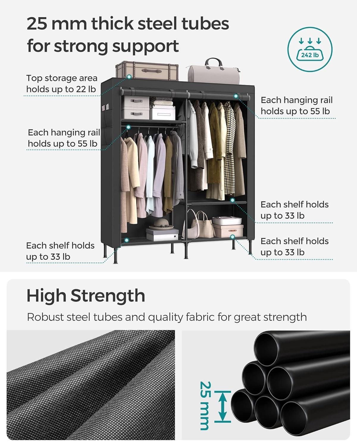 SONGMICS Wardrobe Closet, 65 Inch Heavy Duty Portable Closet, Freestanding Closet Organizer, Clothes Rack with Cover, 2 Hanging Rails, 3 Shelves,4 Side Pockets,Black URDR301B02