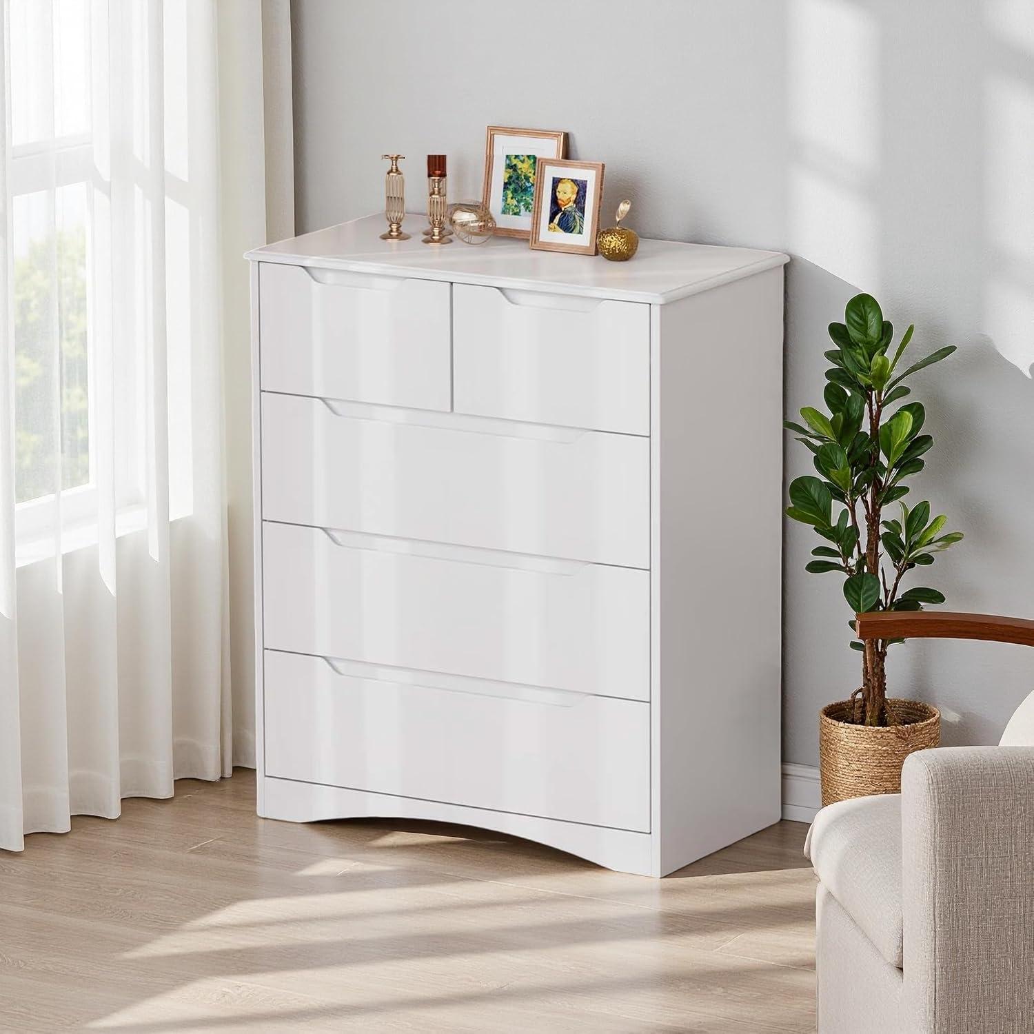 37  Tall Modern 5 Drawer Chest of Drawers Dresser Organizer, Vertical Clothes Storage Hanging Cabinet for Hallway, Bedroom
