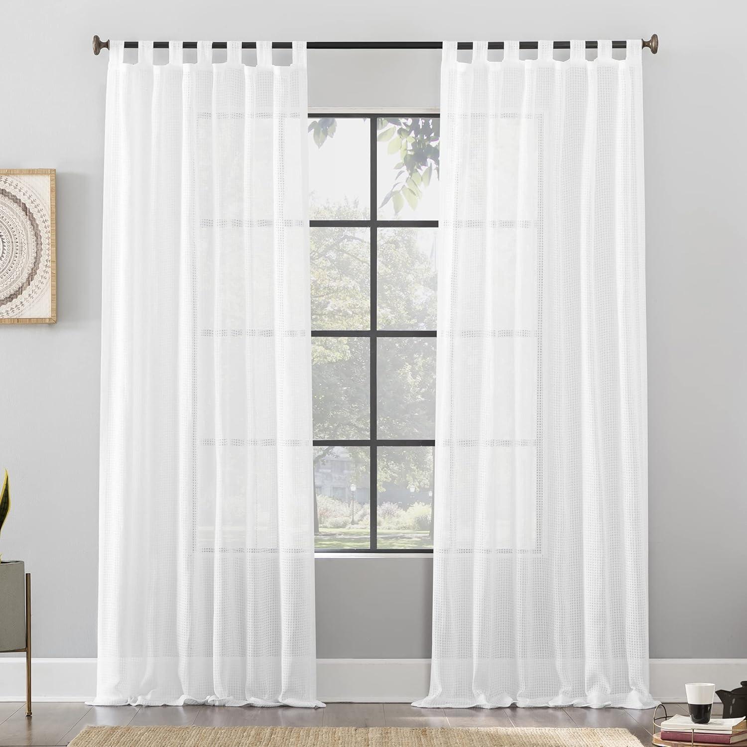 White Waffle Weave Cotton Blend Tab Top Curtain Panel