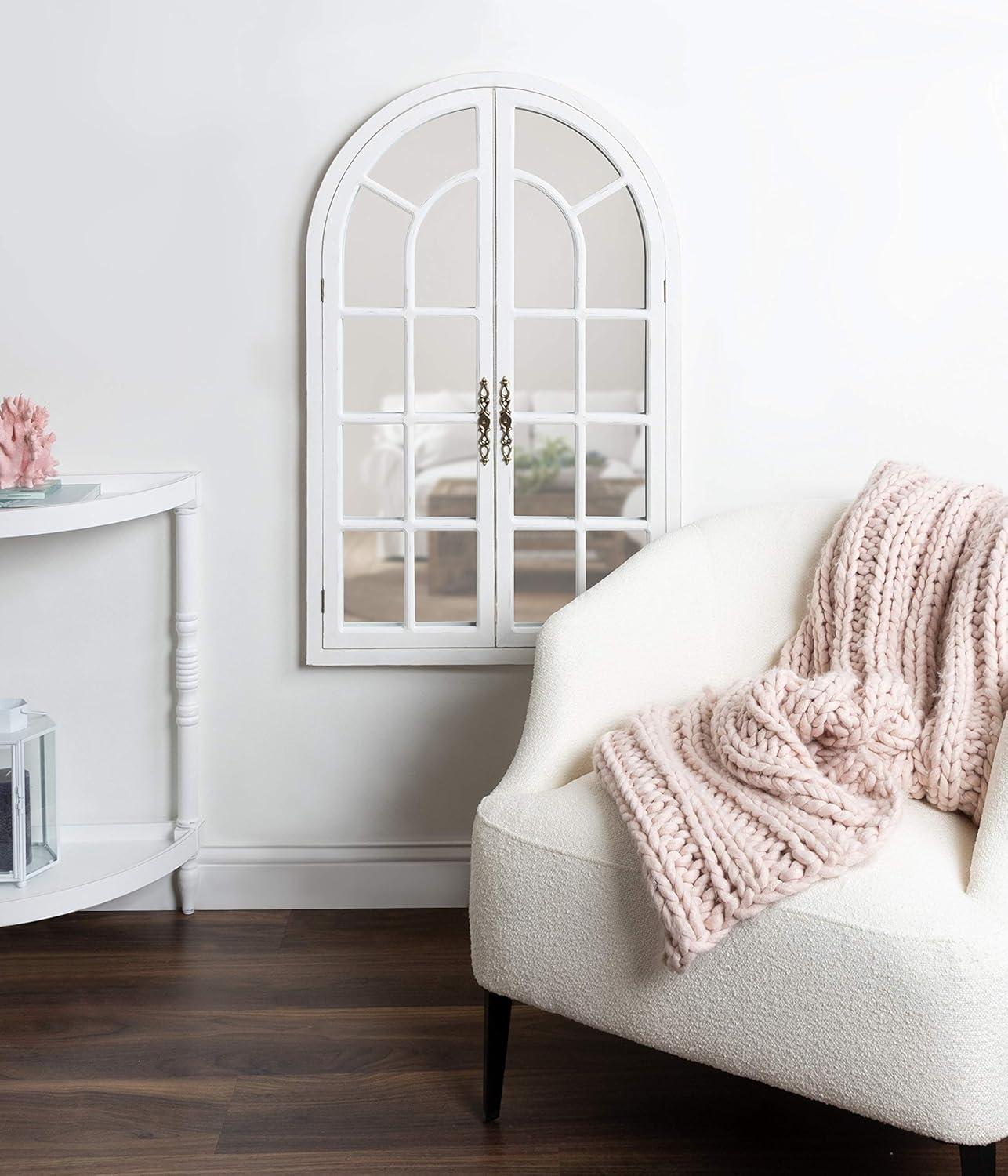 Rustic White Wood Windowpane Arch Vanity Mirror