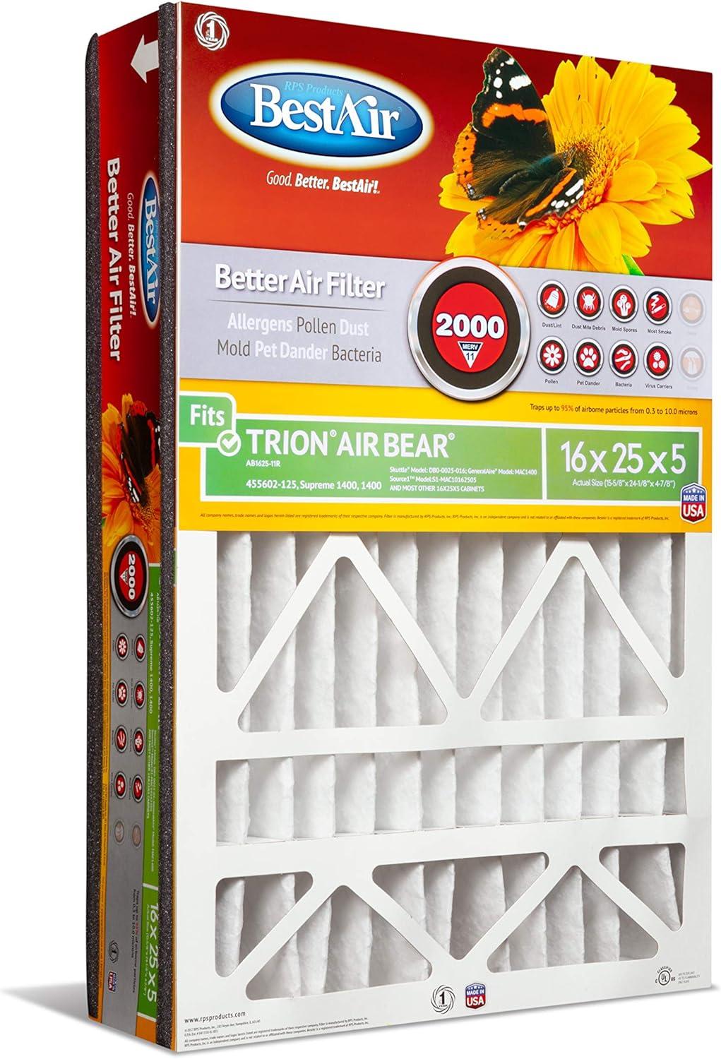 BestAir 3pk 16" x 25" x 5" Trion Air Bear Replacement Air Furnace Filter MERV 11: Electrostatic, Captures Allergens, EPA Certified