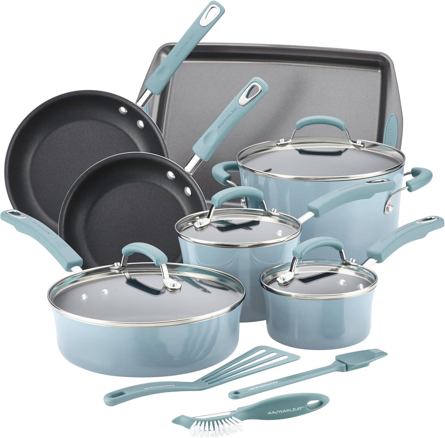 Rachael Ray Rachael Ray Classic Brights Nonstick Cookware Pots and Pans Set with Cooking Tools and Baking Pan, 14 Piece