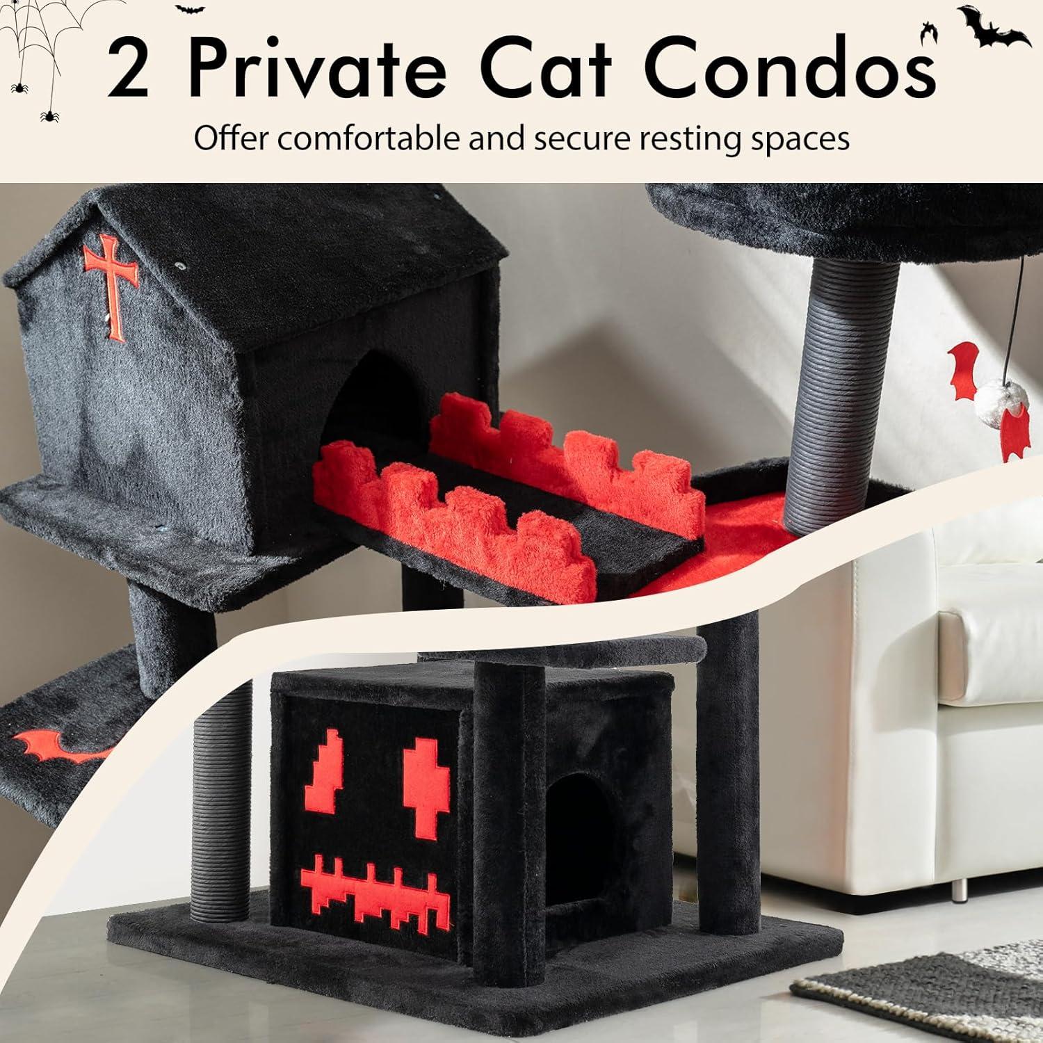 Tangkula Gothic Cat Tree 49" Tall Cat Tower w/ Coffin Bed & 2 Condos & Cozy Perch