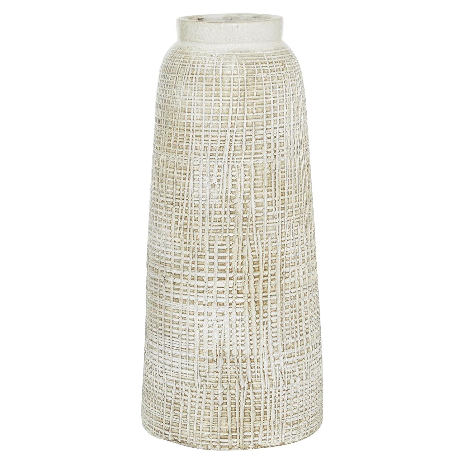 DecMode 11" Carved White Ceramic Vase with Crosshatch Design