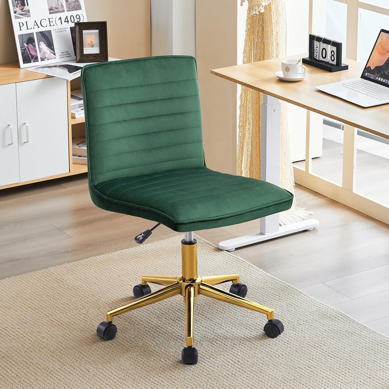 Dark Green Velvet Armless Swivel Task Chair with Gold Base