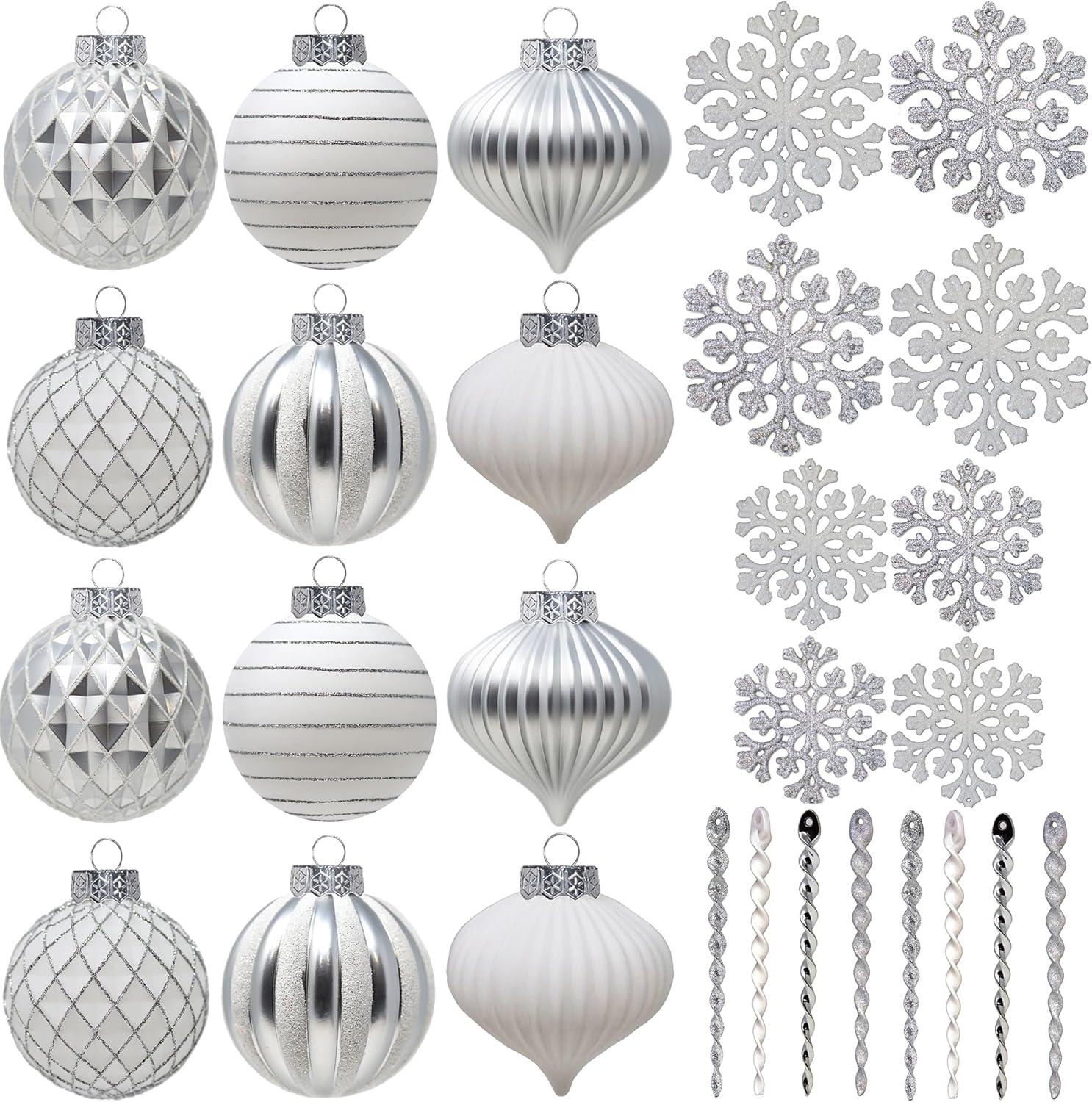 SLEETLY 28pk White Silver Christmas Ball Ornaments for Tree Decorations - Holiday Xmas Shatterproof Plastic Balls, Icicles and Snowflakes Ornament Set